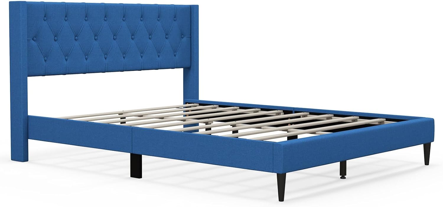 KOMFOTT Twin/Queen Size Upholstered Platform Bed Frame with Button Tufted Wingback Headboard