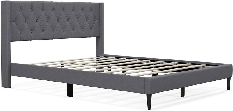 KOMFOTT Twin/Queen Size Upholstered Platform Bed with Button Tufted Wingback Headboard