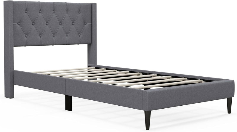 KOMFOTT Twin/Queen Size Upholstered Platform Bed with Button Tufted Wingback Headboard