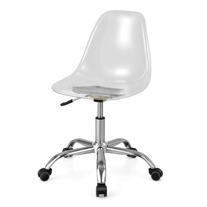 KOMFOTT Acrylic Clear Desk Chair, Armless Swivel Vanity Ghost Plastic Chair with Sturdy Metal Base & Smooth Wheels