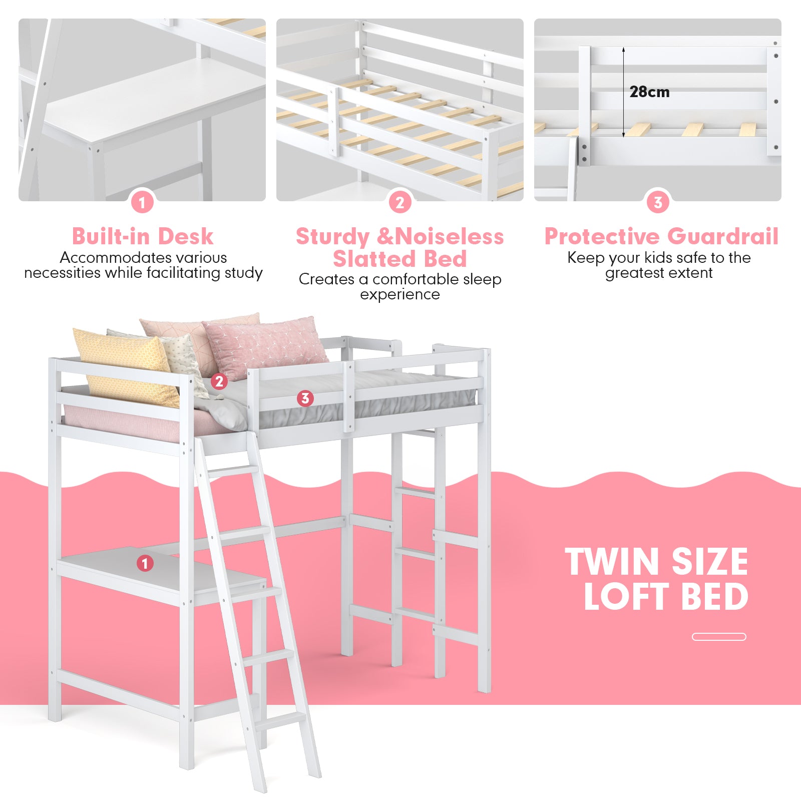 KOMFOTT Twin Size Wood Loft Bed with Desk, 2 Ladders, Full Length Guardrail for Kids Teens Adults