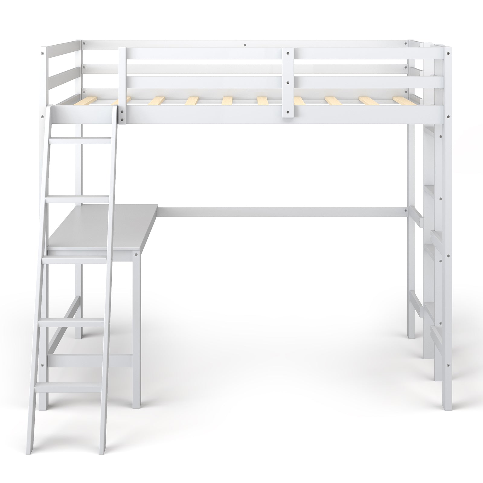 KOMFOTT Twin Size Wood Loft Bed with Desk, 2 Ladders, Full Length Guardrail for Kids Teens Adults