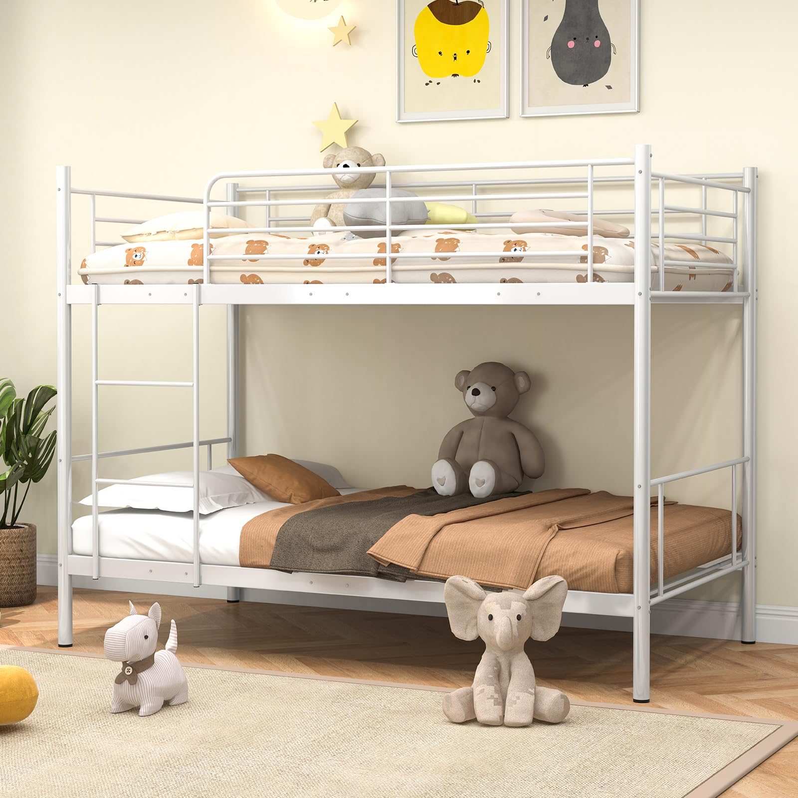 KOMFOTT Metal Twin Over Twin Bunk Bed with Ladder & Full-Length Guardrails