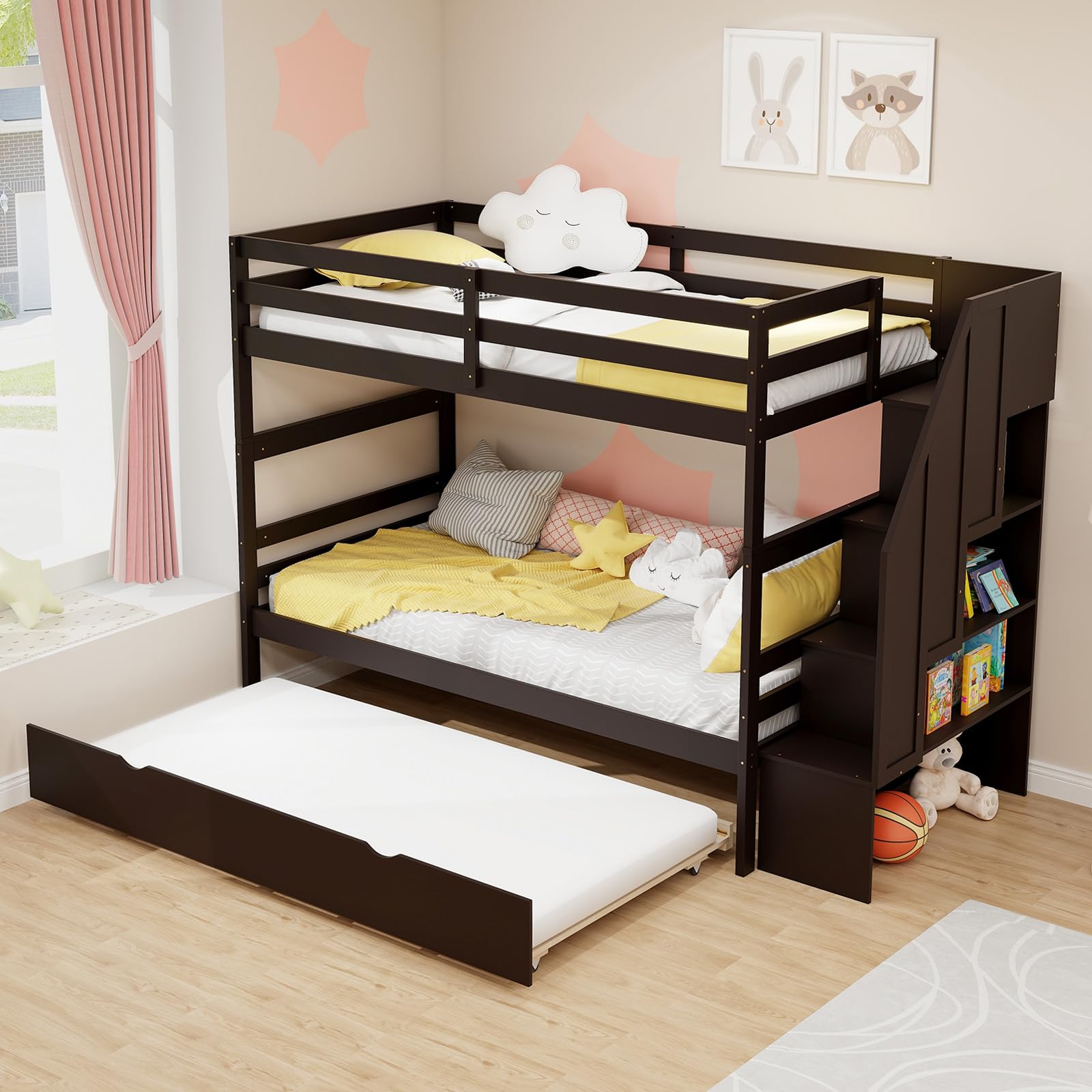 KOMFOTT Wood Twin Over Twin Bunk Bed with Trundle & Storage Stairs, Convertible to 2 Separated Beds