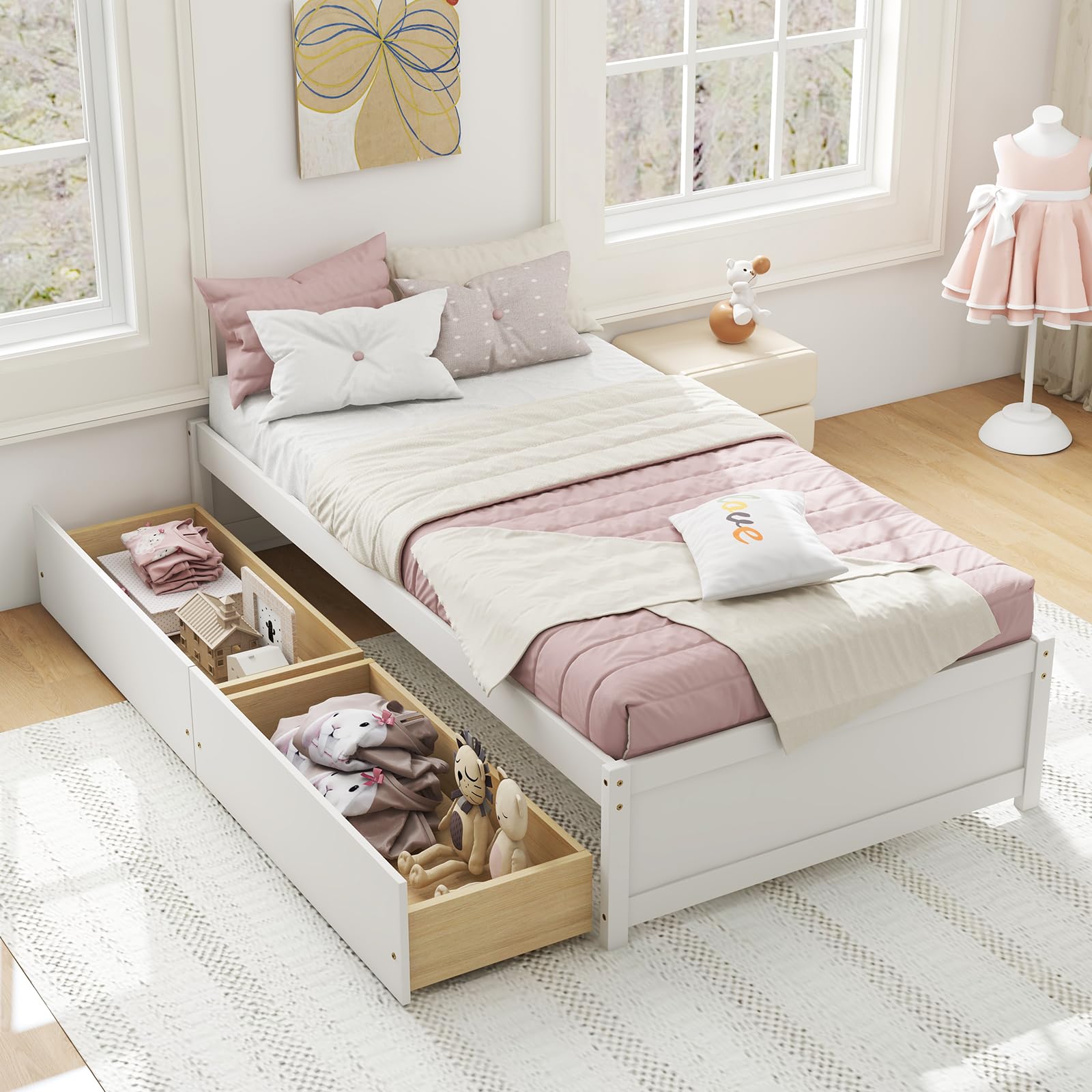 KOMFOTT Twin Bed Frame with 2 Storage Drawers, Solid Wood Platform Bed with Slats Support