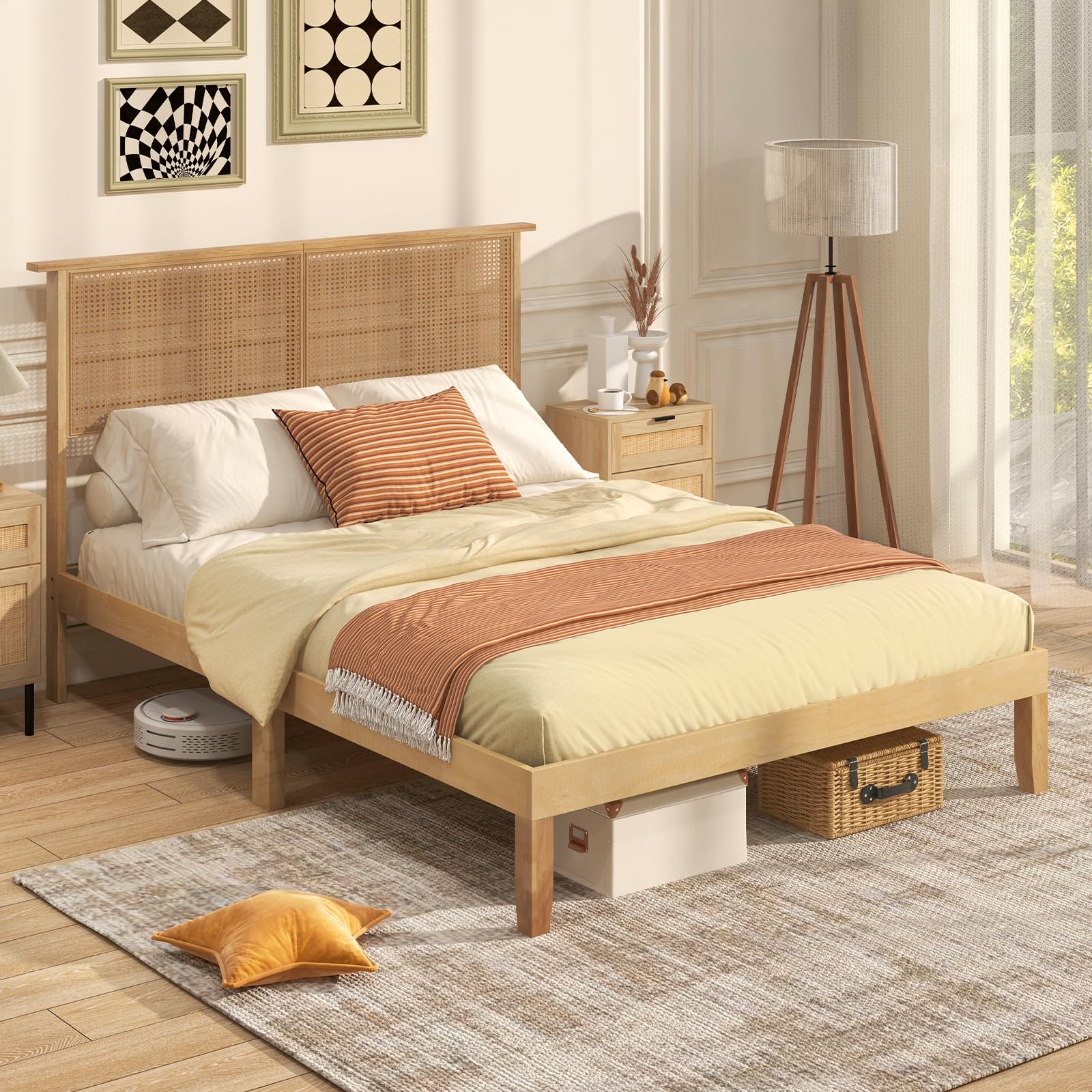 KOMFOTT Rattan Bed Frame with Rattan Headboard, Boho Solid Wood Platform Bed with Wooden Slats