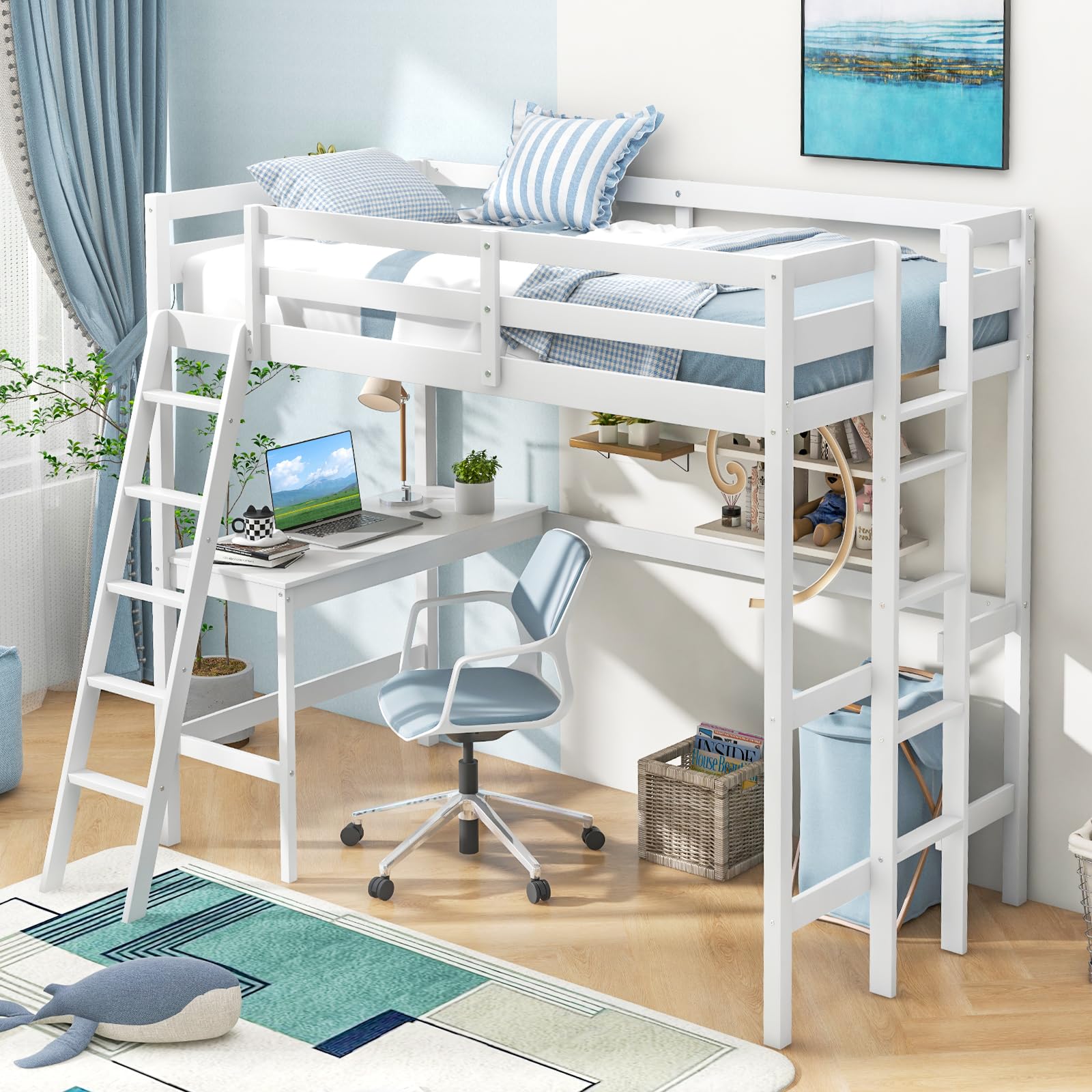 KOMFOTT Twin Size Wood Loft Bed with Desk, 2 Ladders, Full Length Guardrail for Kids Teens Adults