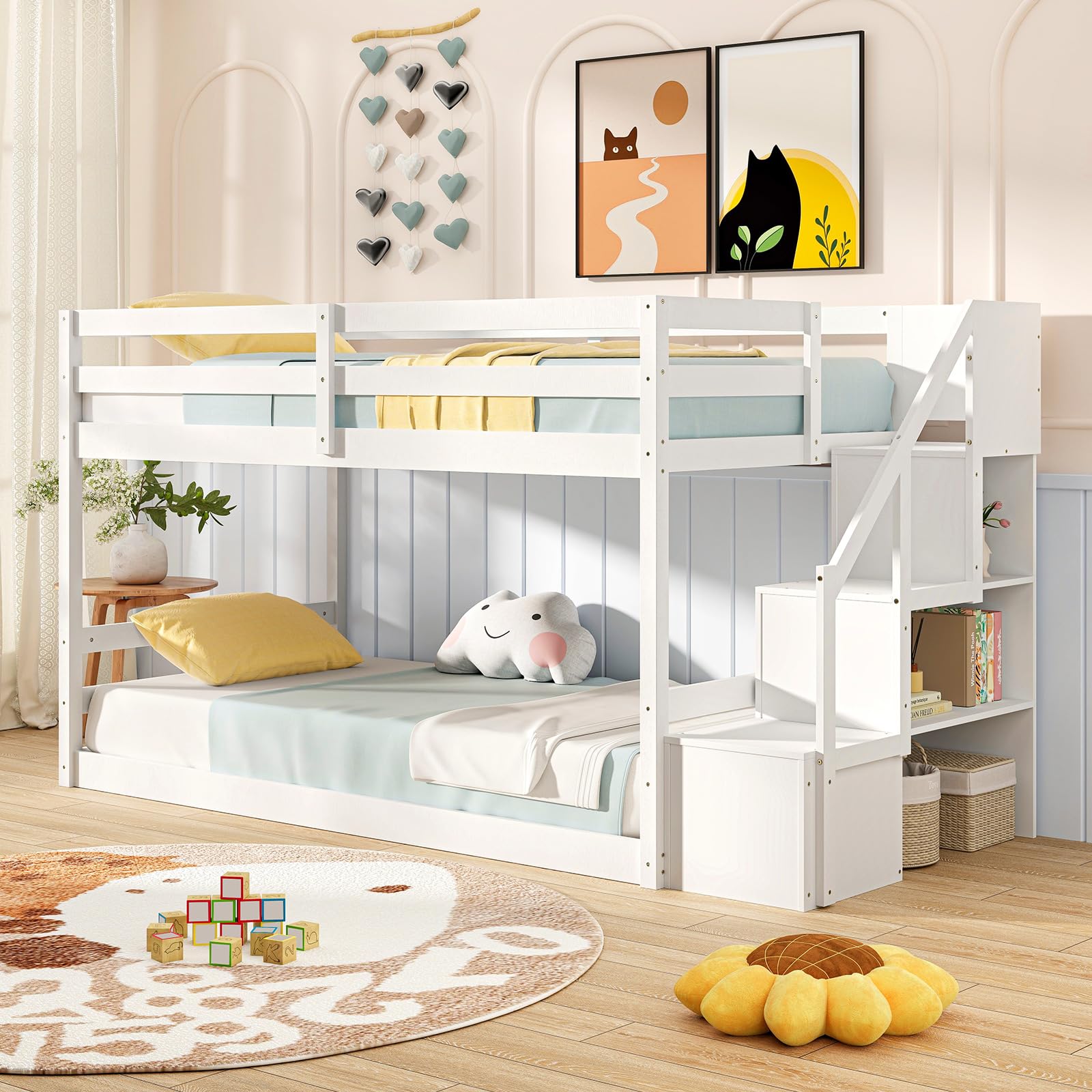 KOMFOTT Bunk Bed with Stairs, Solid Wood Floor Bunk Bed with Storage Staircase & Full-Length Guardrails