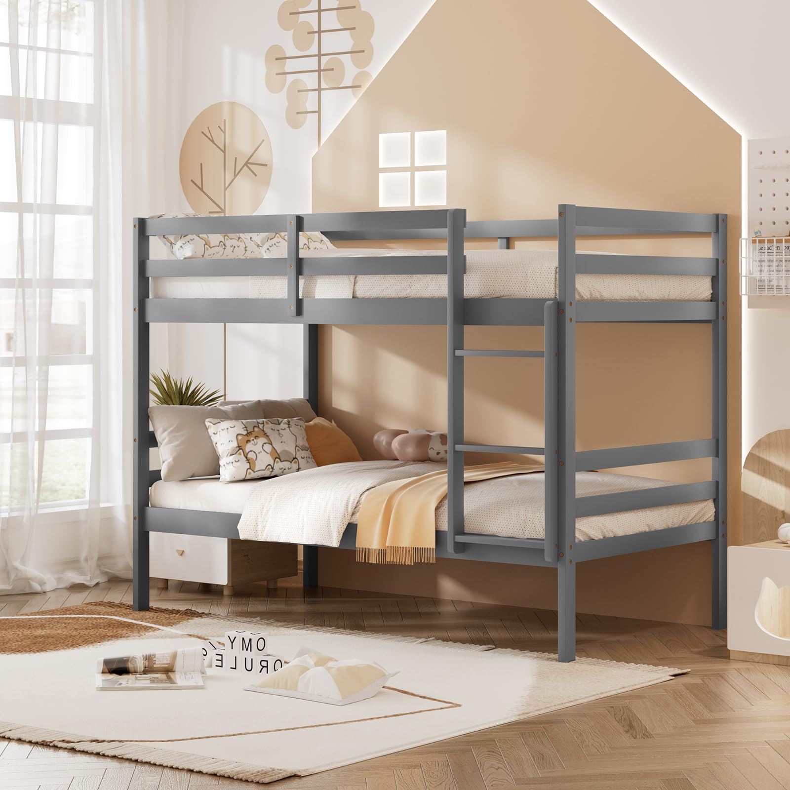 KOMFOTT Wood Bunk Bed Twin Over Twin with Ladder & Safety Guardrail