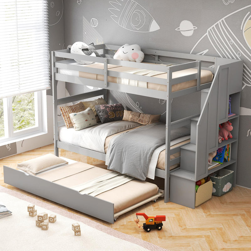 KOMFOTT Wood Twin Over Twin Bunk Bed with Trundle & Storage Stairs, Convertible to 2 Separated Beds