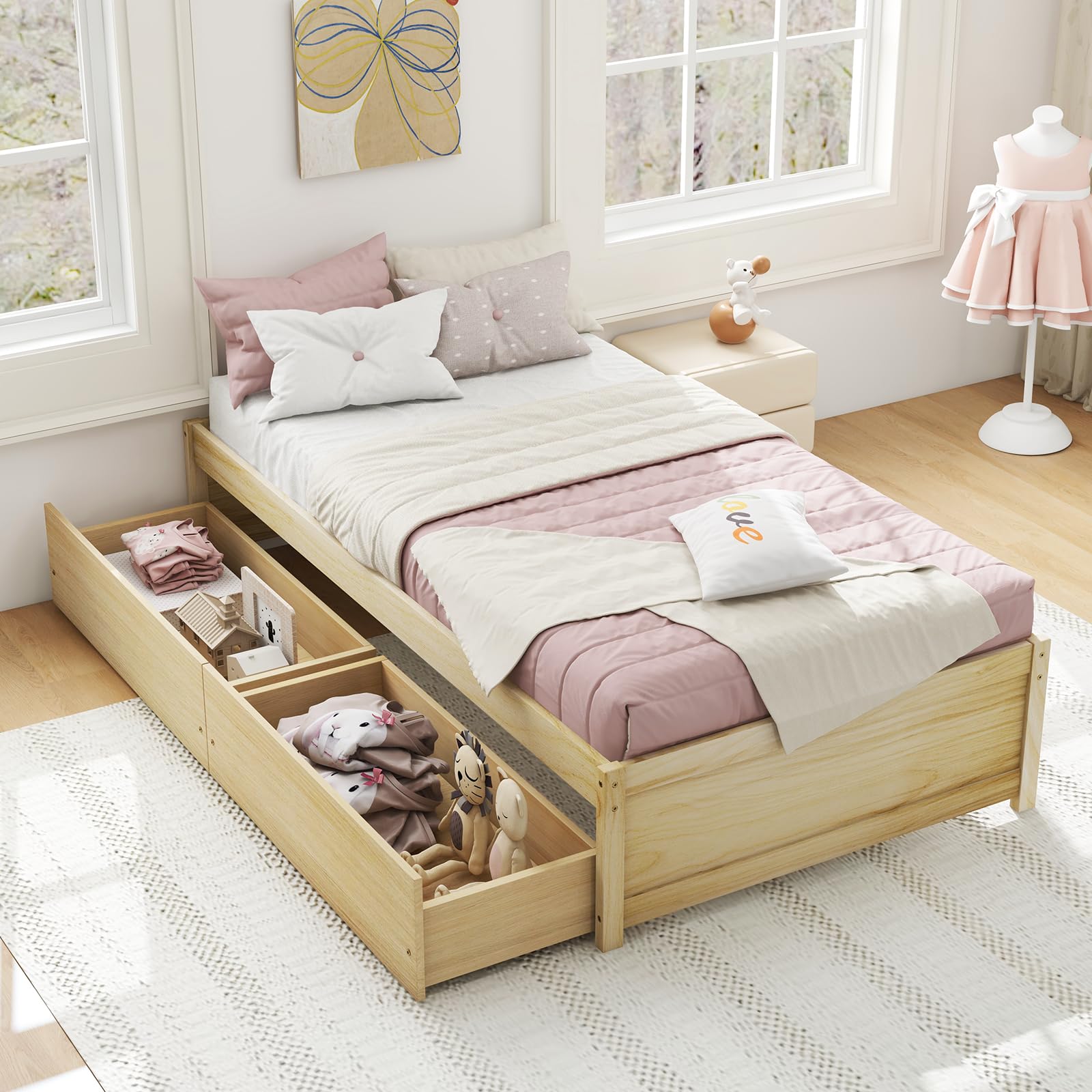 KOMFOTT Twin Bed Frame with 2 Storage Drawers, Solid Wood Platform Bed with Slats Support