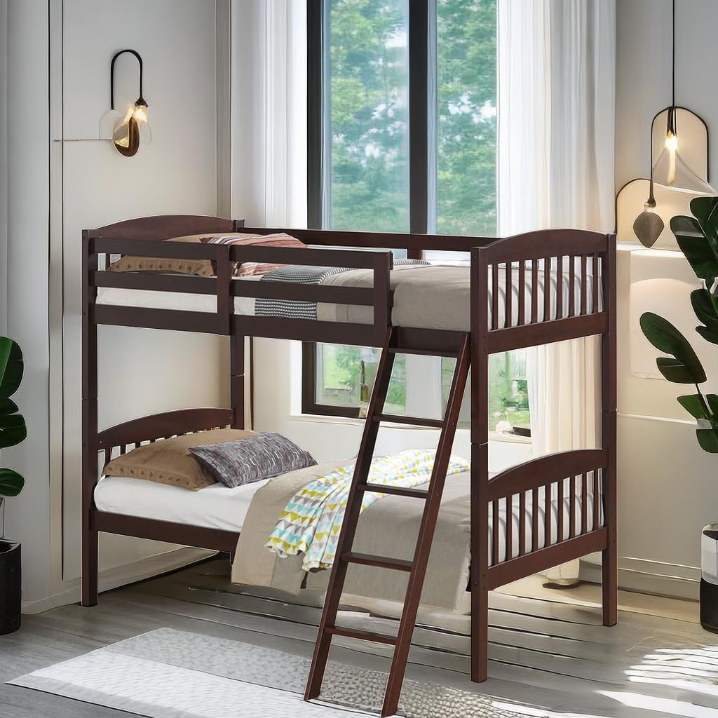 KOMFOTT Twin Over Twin Bunk Beds, Convertible Into Two Individual Solid Rubberwood Beds