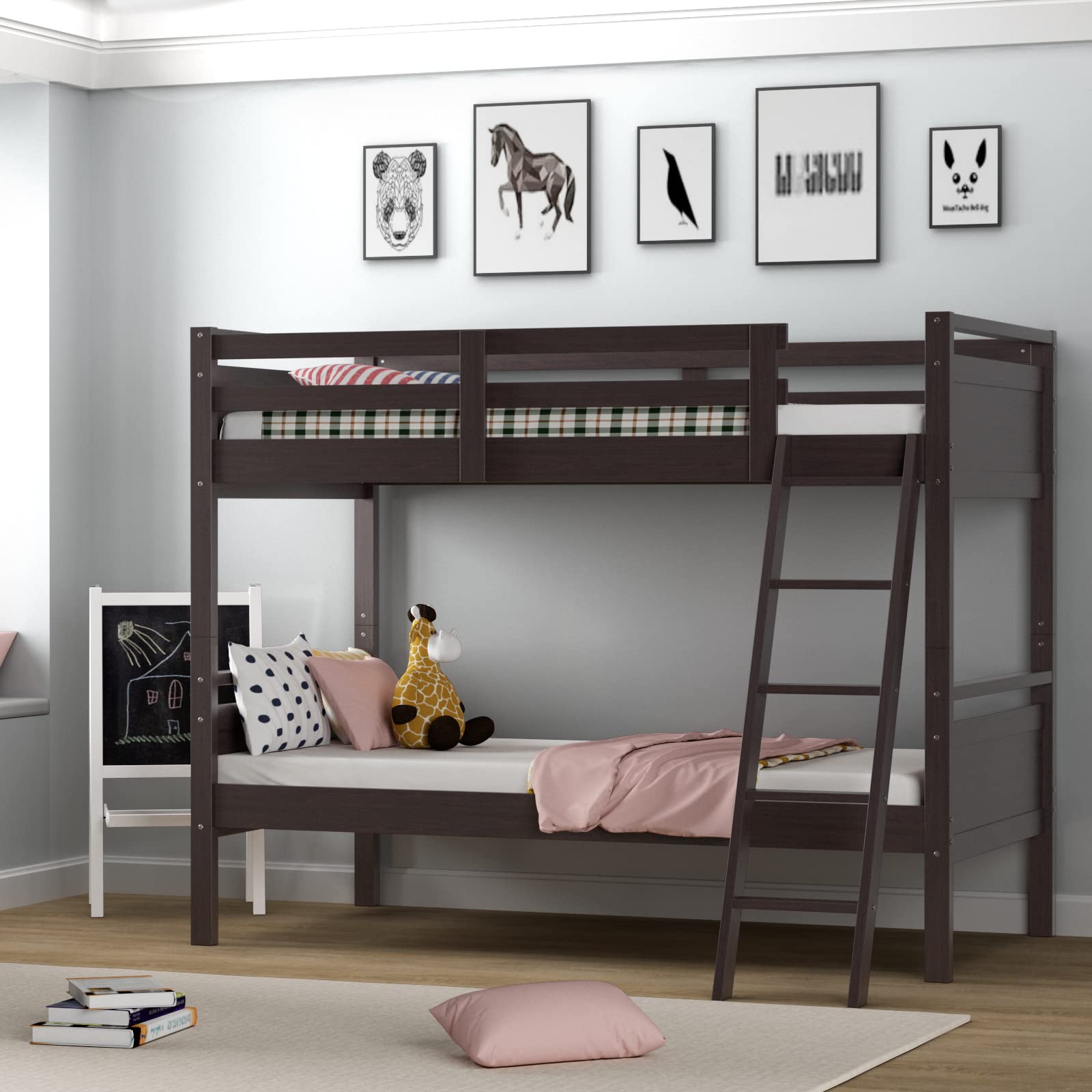 KOMFOTT Twin-Over-Twin Wood Bunk Bed, Multifunction Convertible 2 Individual Beds