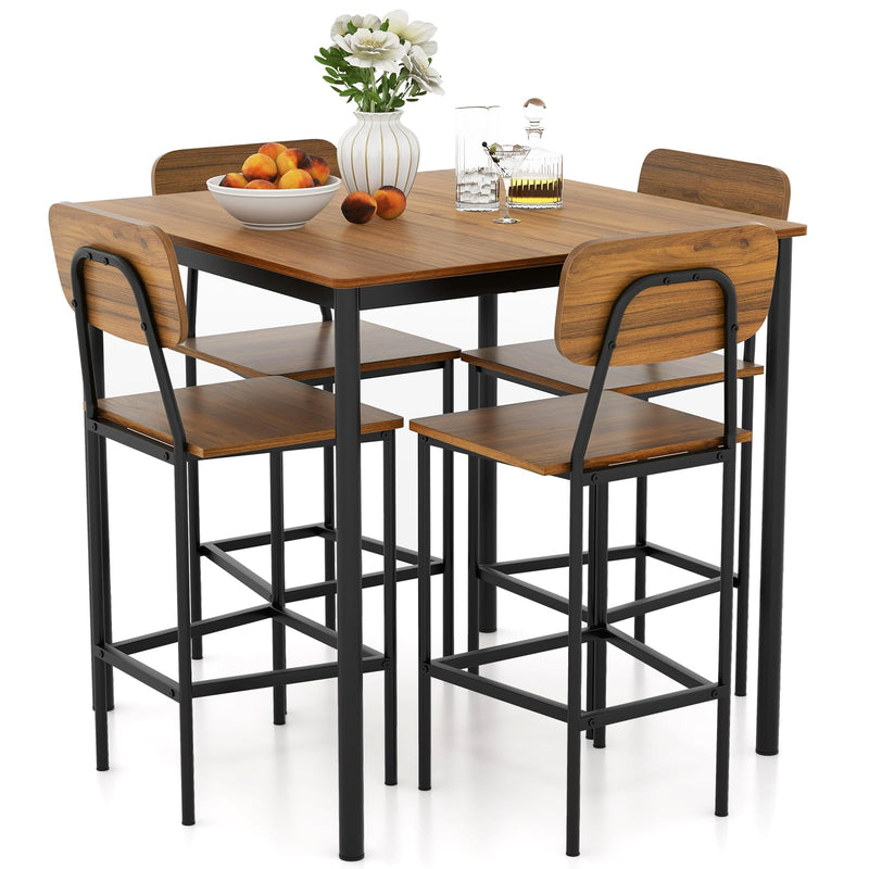 KOMFOTT 5 Piece Dining Table Set with Counter Height Table & 4 Bar Stools, Industrial Kitchen Dining Table Set  with Footrest & Backrest