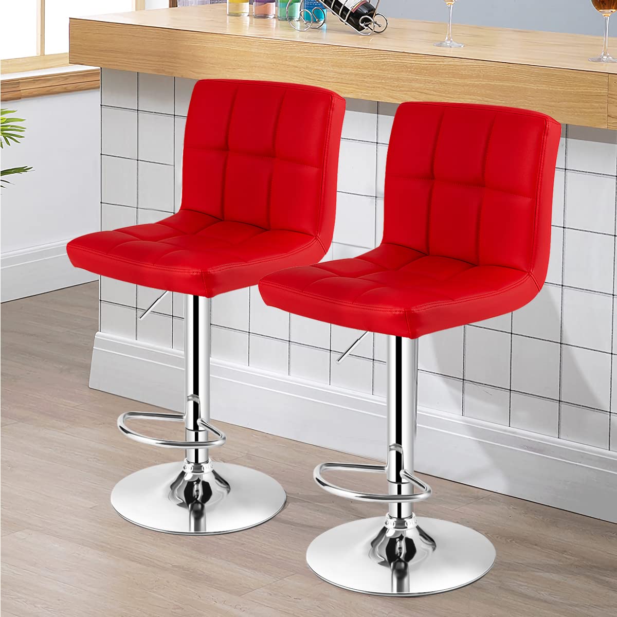 KOMFOTT Bar Stools Set of 1/2/4, Modern PU Leather Height Adjustable Barstools with Back, Footrest, Metal Base