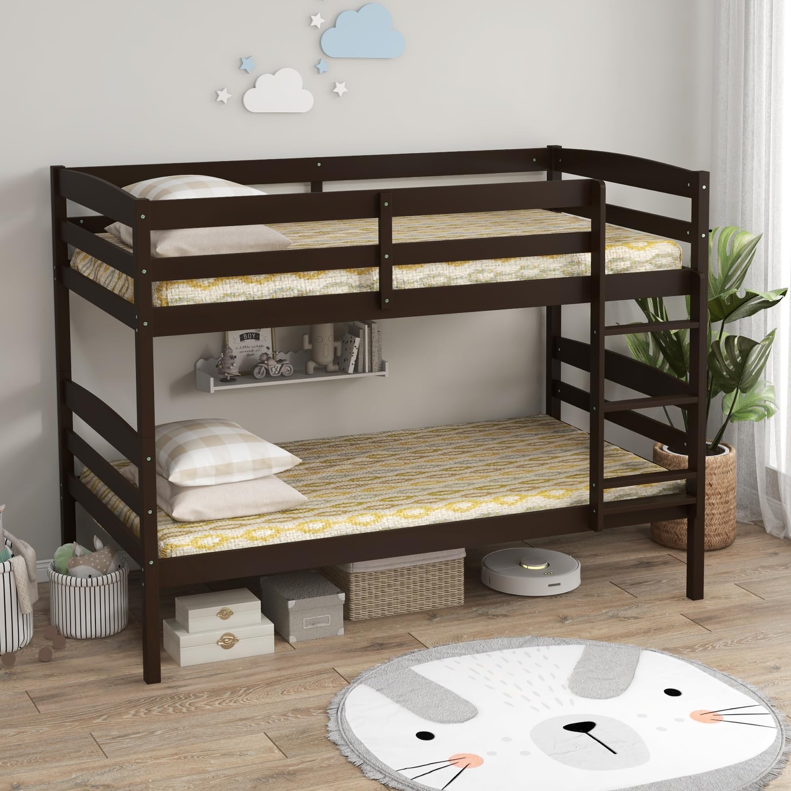 KOMFOTT Twin Over Twin Wood Bunk Bed with Full-Length Guardrail & Integrated Ladder