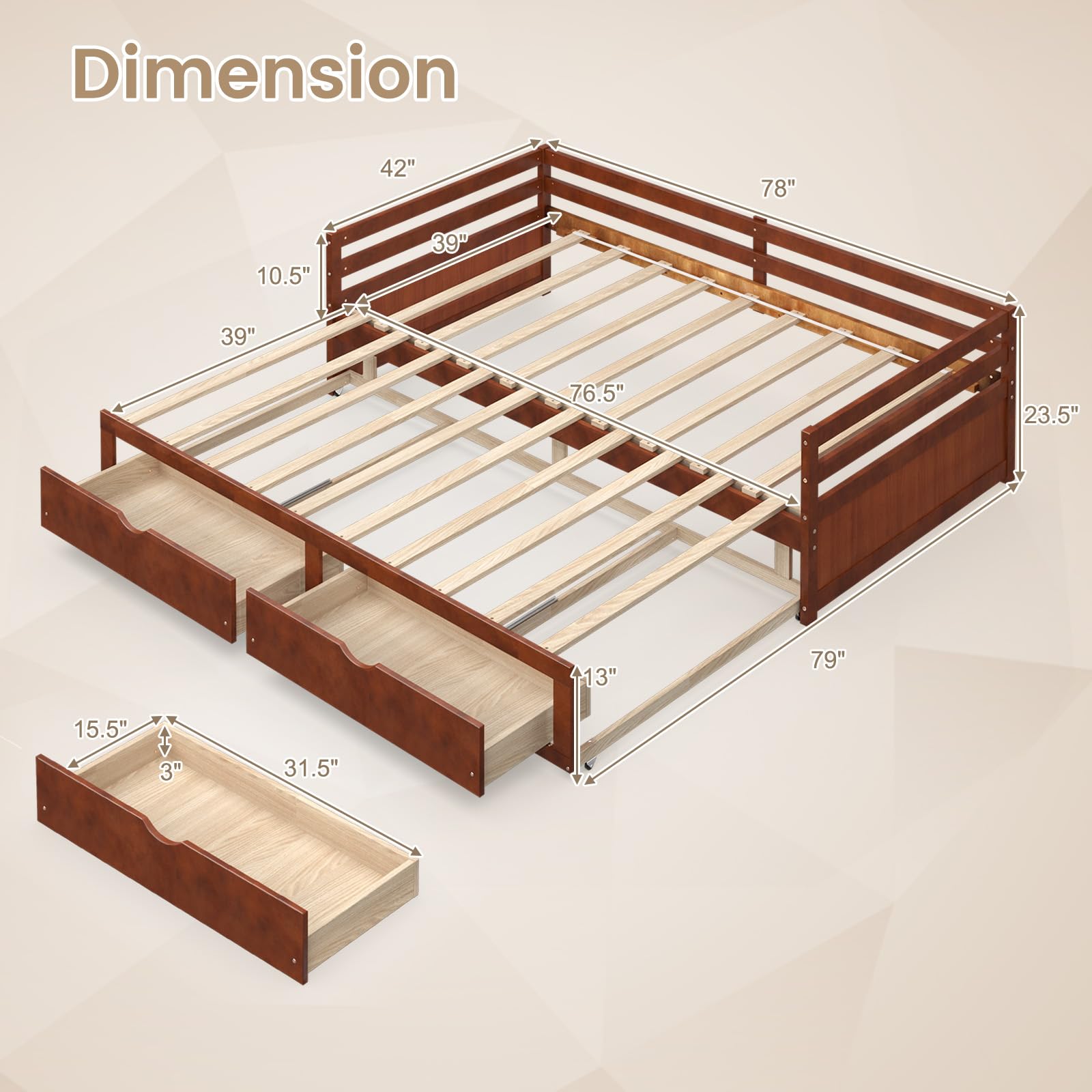 KOMFOTT Wood Daybed with Trundle, Extendable Twin to King Daybed Frame with 2 Storage Drawers