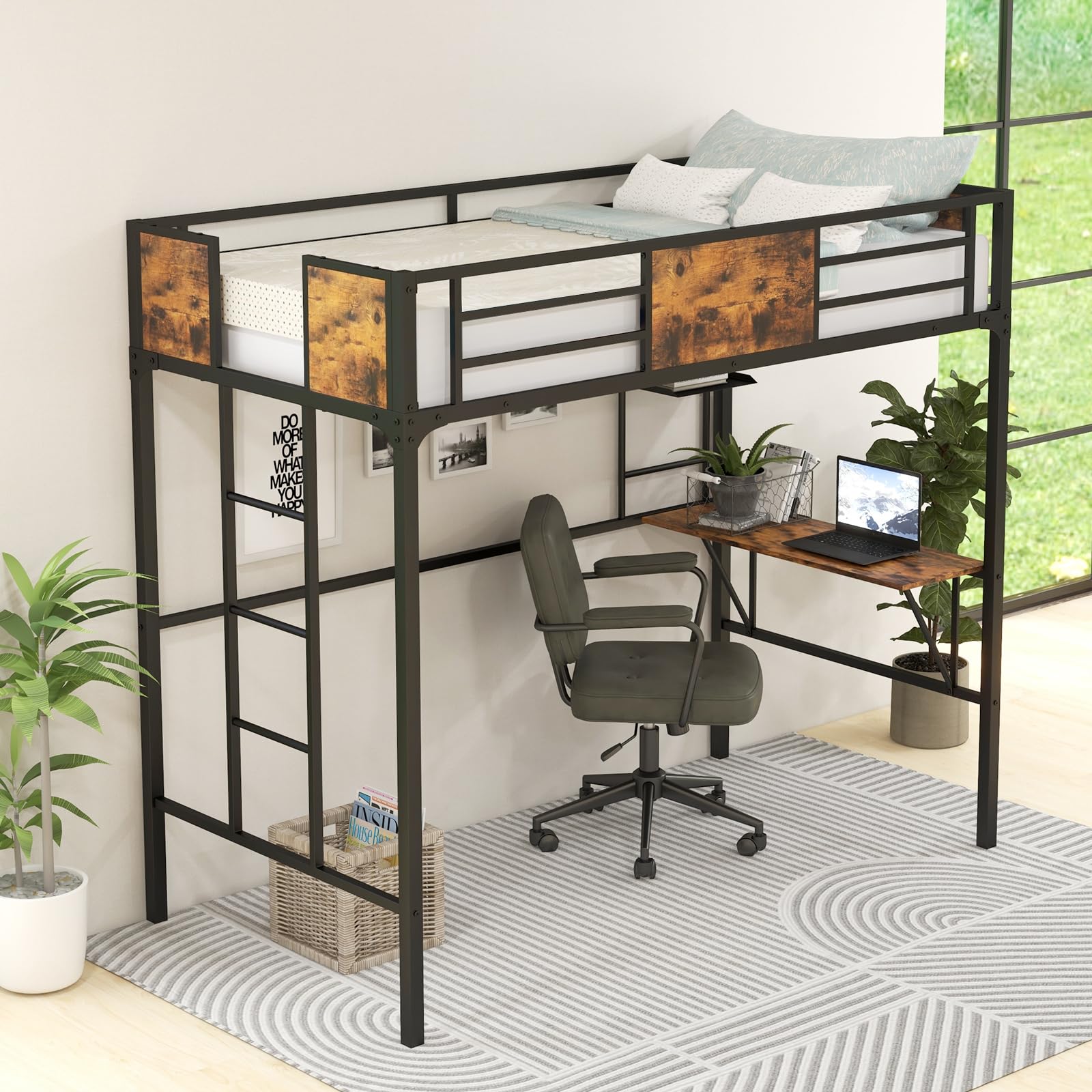 KOMFOTT Metal Twin Loft Bed with Desk and Storage Shelf