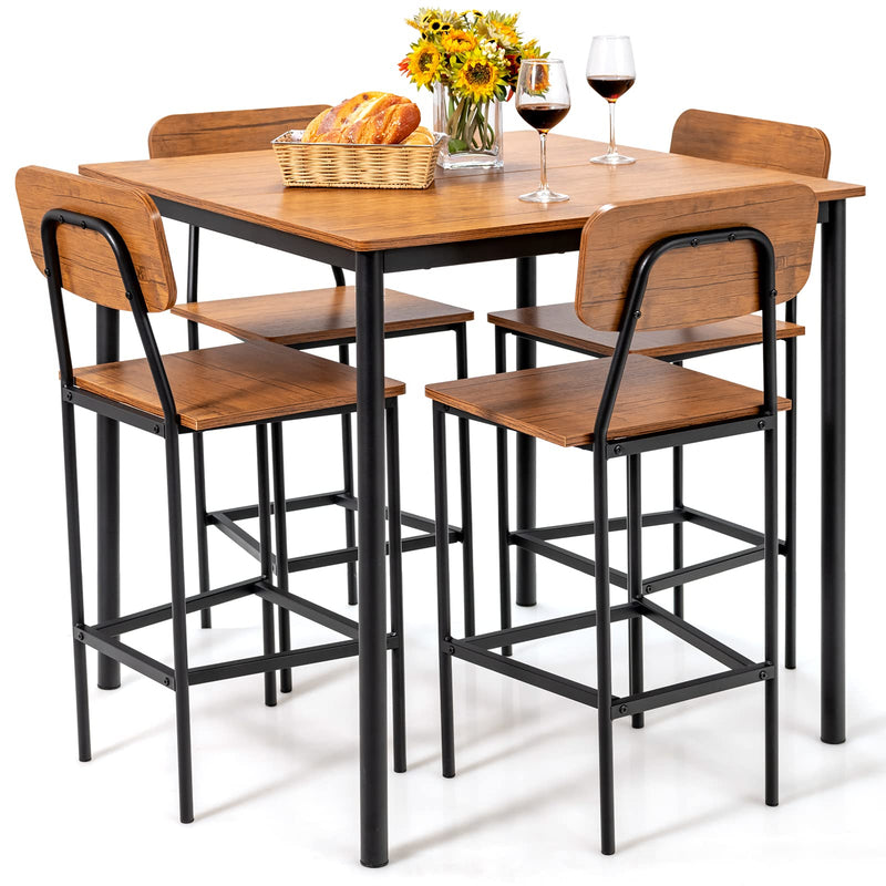 KOMFOTT 5 Piece Dining Table Set with Counter Height Table & 4 Bar Stools, Industrial Kitchen Dining Table Set  with Footrest & Backrest