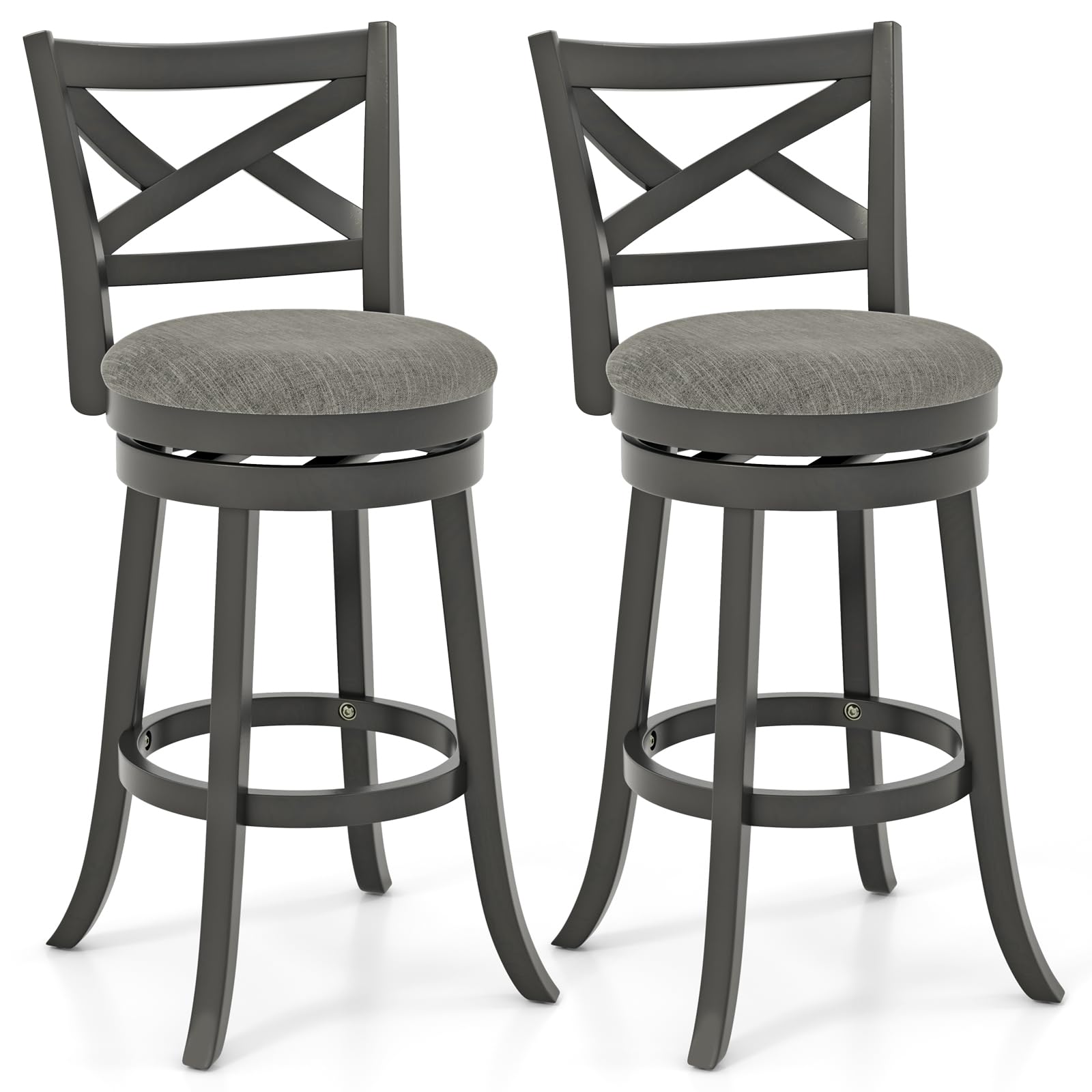 KOMFOTT Wood Swivel Bar Stools Set of 2, 30.5" Upholstered Bar Height Bar Stools with X Back, Linen Cushioned Seat