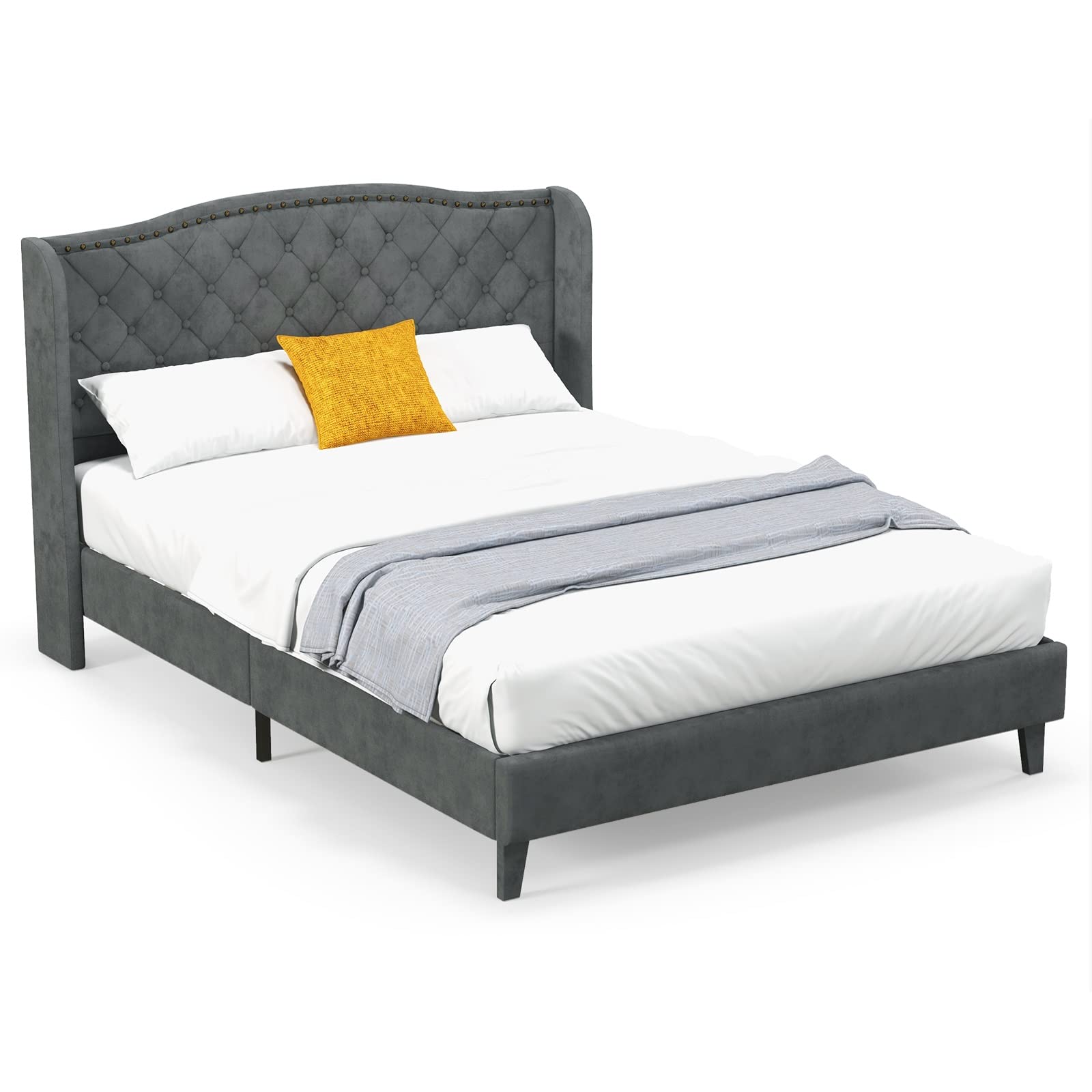 KOMFOTT Full Queen Size Velvet Upholstered Platform Bed, Modern Bed Frame with Button Tufted Headboard