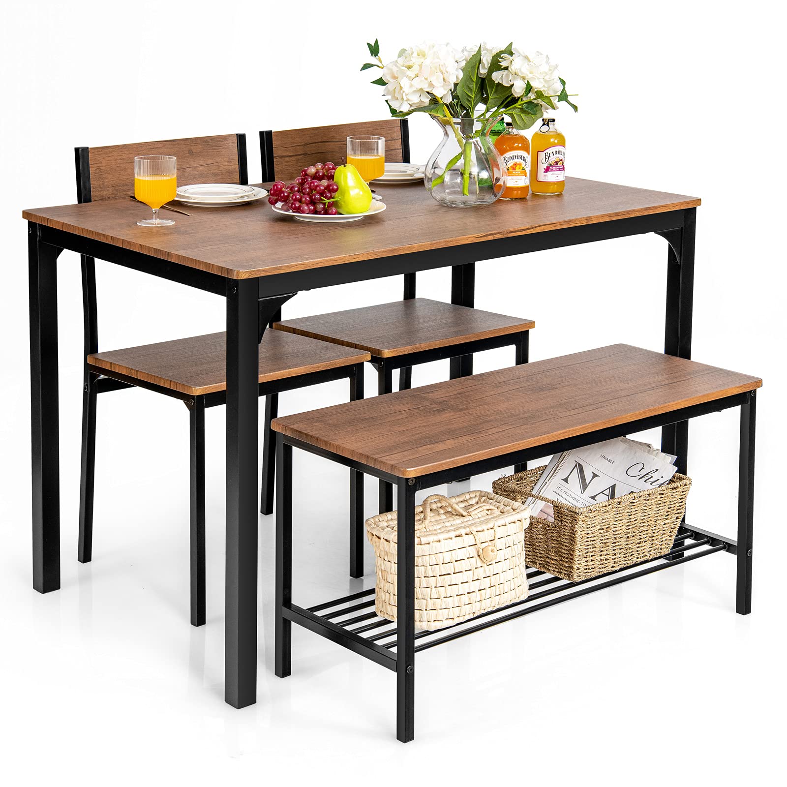 KOMFOTT Dining Table Set for 4, Industrial Gathering Bench Dining Set W/Metal Frame & Storage Rack