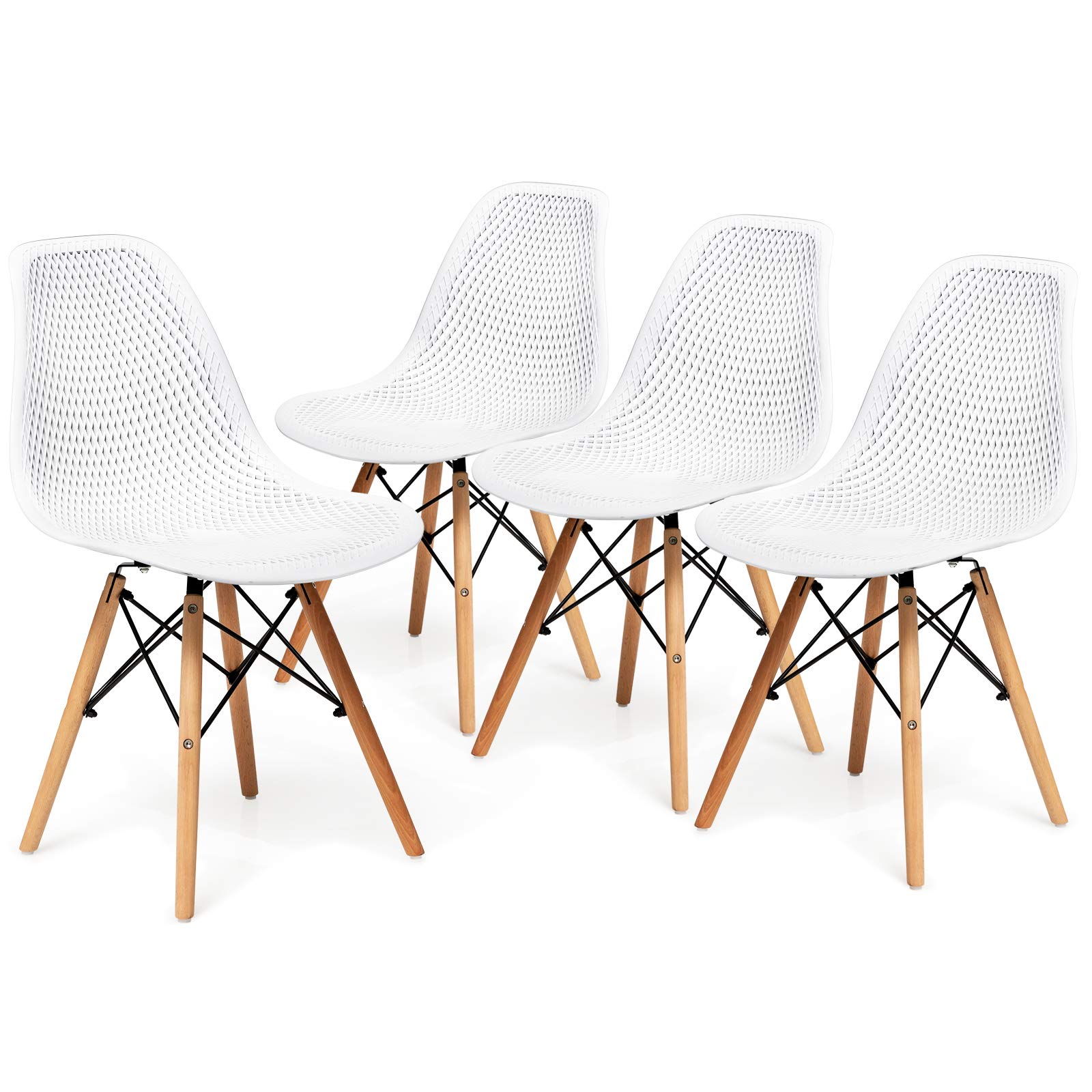 KOMFOTT Set of 4 Modern Dining Chairs, Outdoor Indoor Shell PP Lounge Side Chairs with Mesh Design, Beech Wood Legs