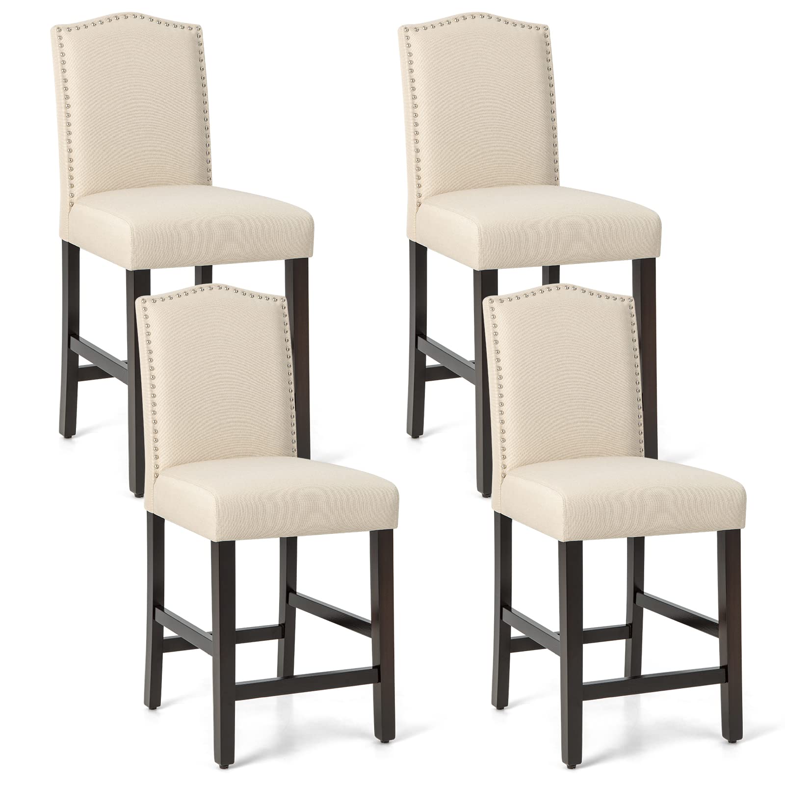 KOMFOTT Bar Stools Set of 2, 25" Counter Height Bar Dining Chairs with Rubber Wood Legs, Footrest