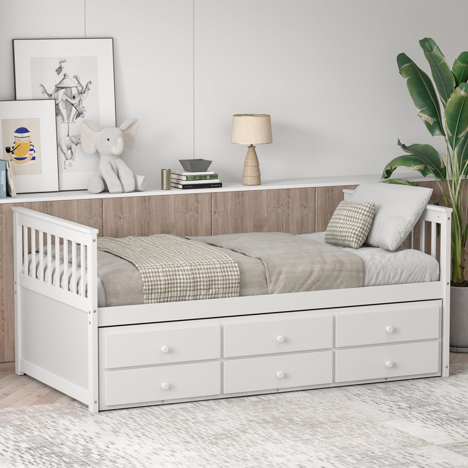 KOMFOTT Twin Size Wooden Captain Daybed with Drawers and Trundle Bed