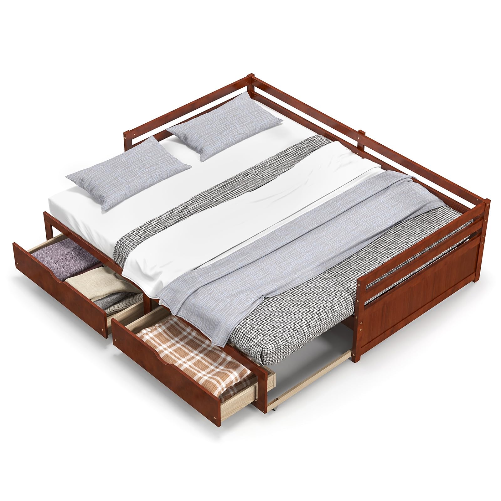 KOMFOTT Wood Daybed with Trundle, Extendable Twin to King Daybed Frame with 2 Storage Drawers