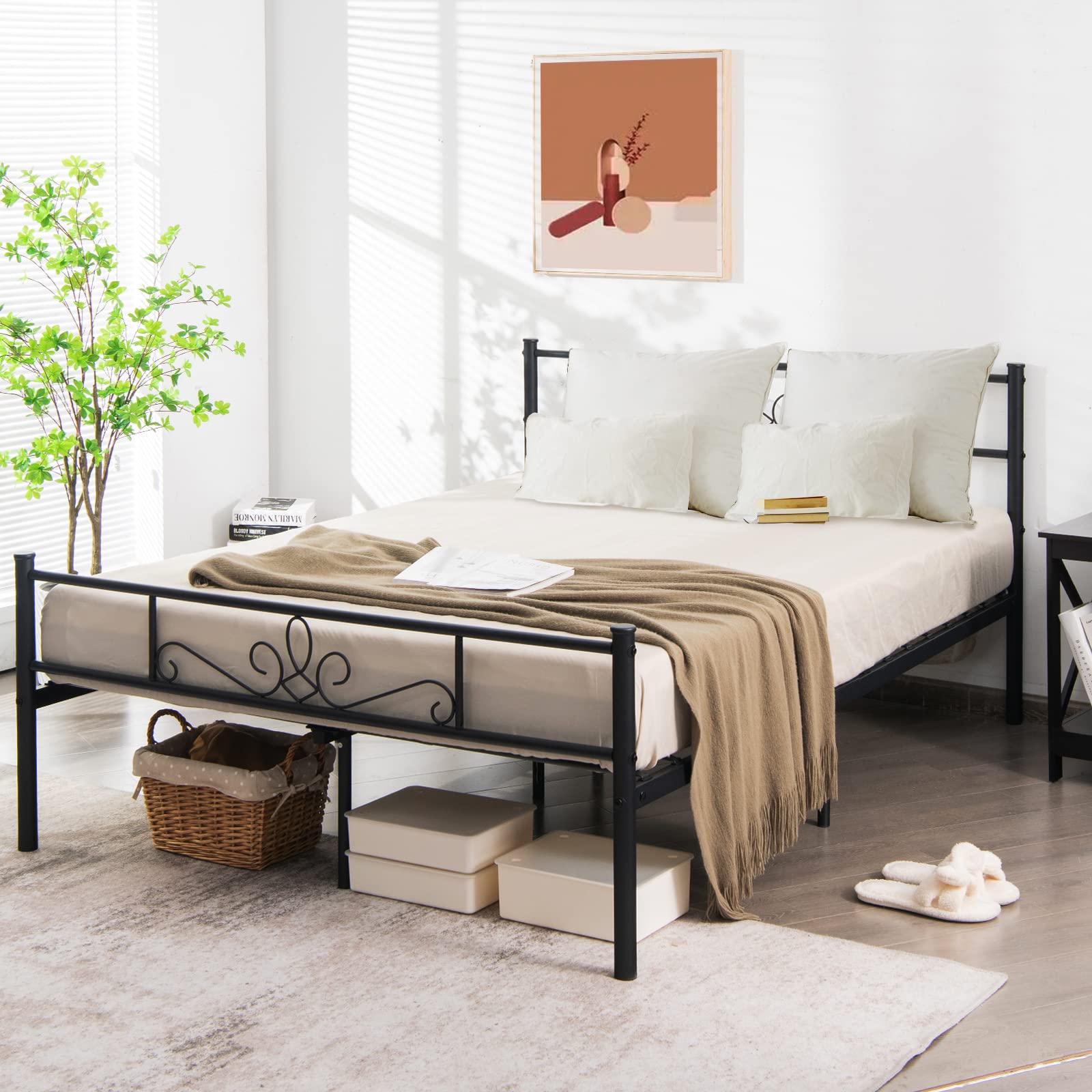 KOMFOTT Metal Platform Bed Frame with Headboard & Footboard, Reinforced Metal Slats Supported Mattress Foundation