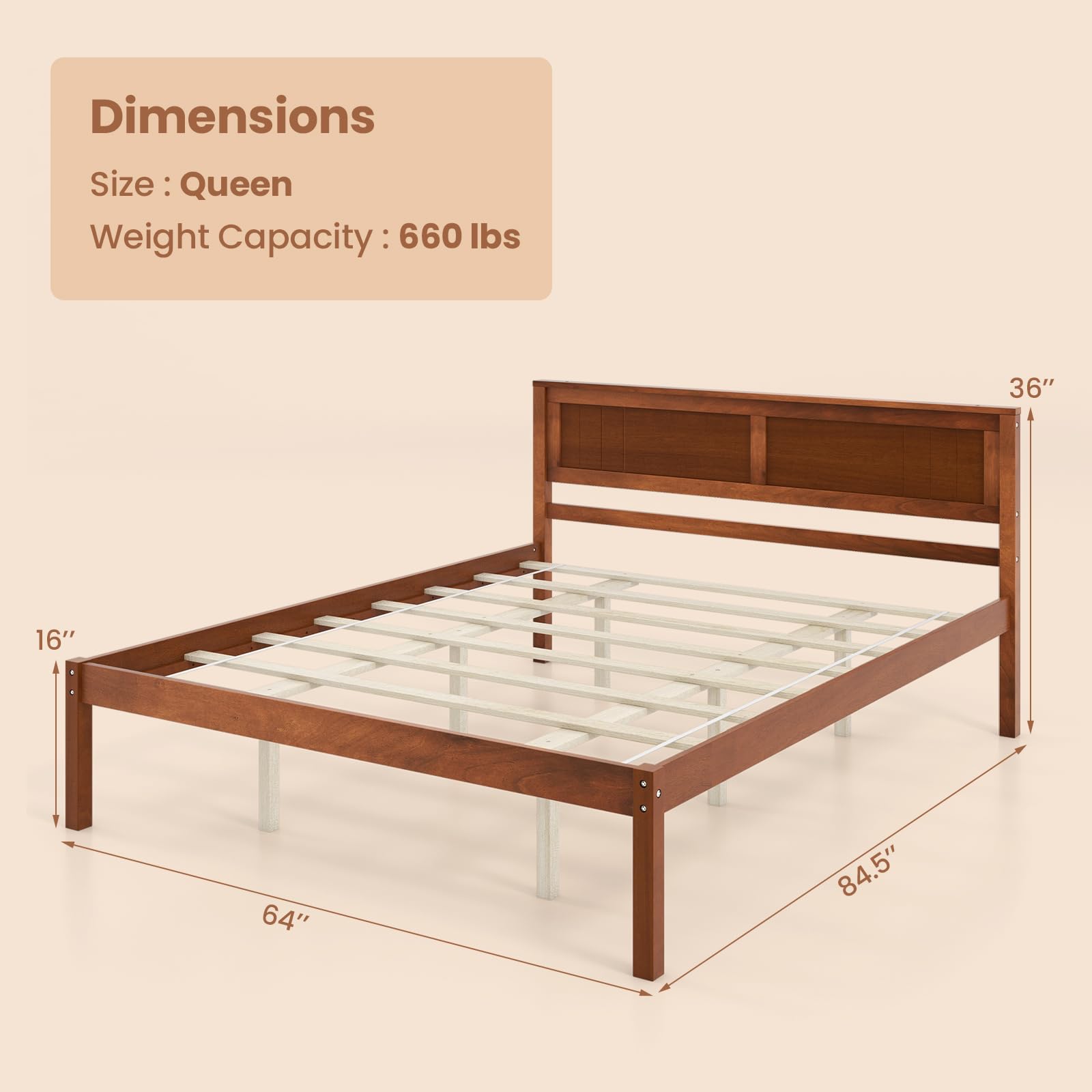 KOMFOTT Wooden Platform Bed Frame with Headboard & Wood Slat Support