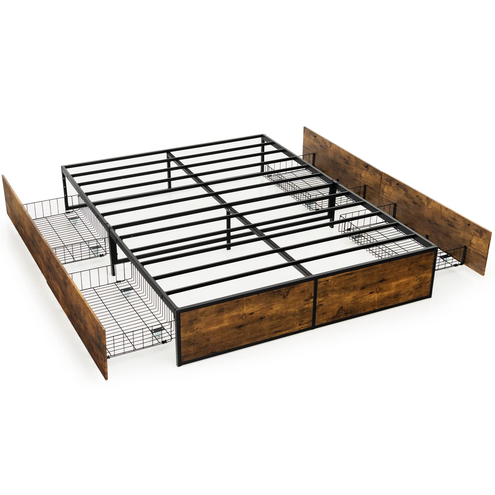 KOMFOTT Platform Bed Frame with 4 Rolling Storage Drawers, Industrial Metal Bed Frame with Reserved Holes for Headboard