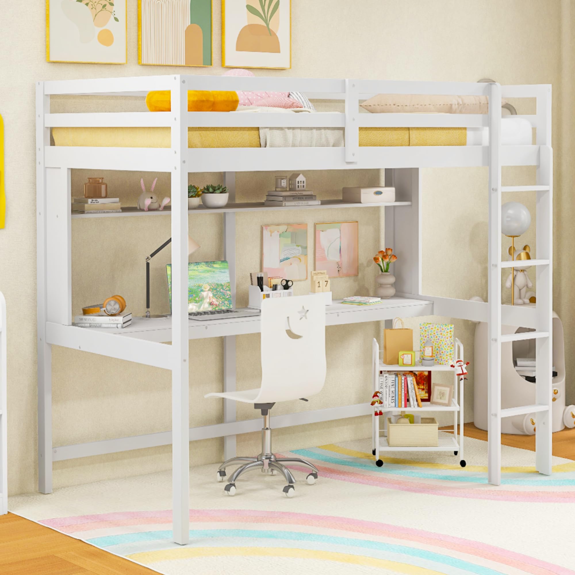 KOMFOTT Twin Loft Bed with Desk and Bookshelf, Solid Wood Loft Bed Frame with Full Length Safety Guardrail & Ladder