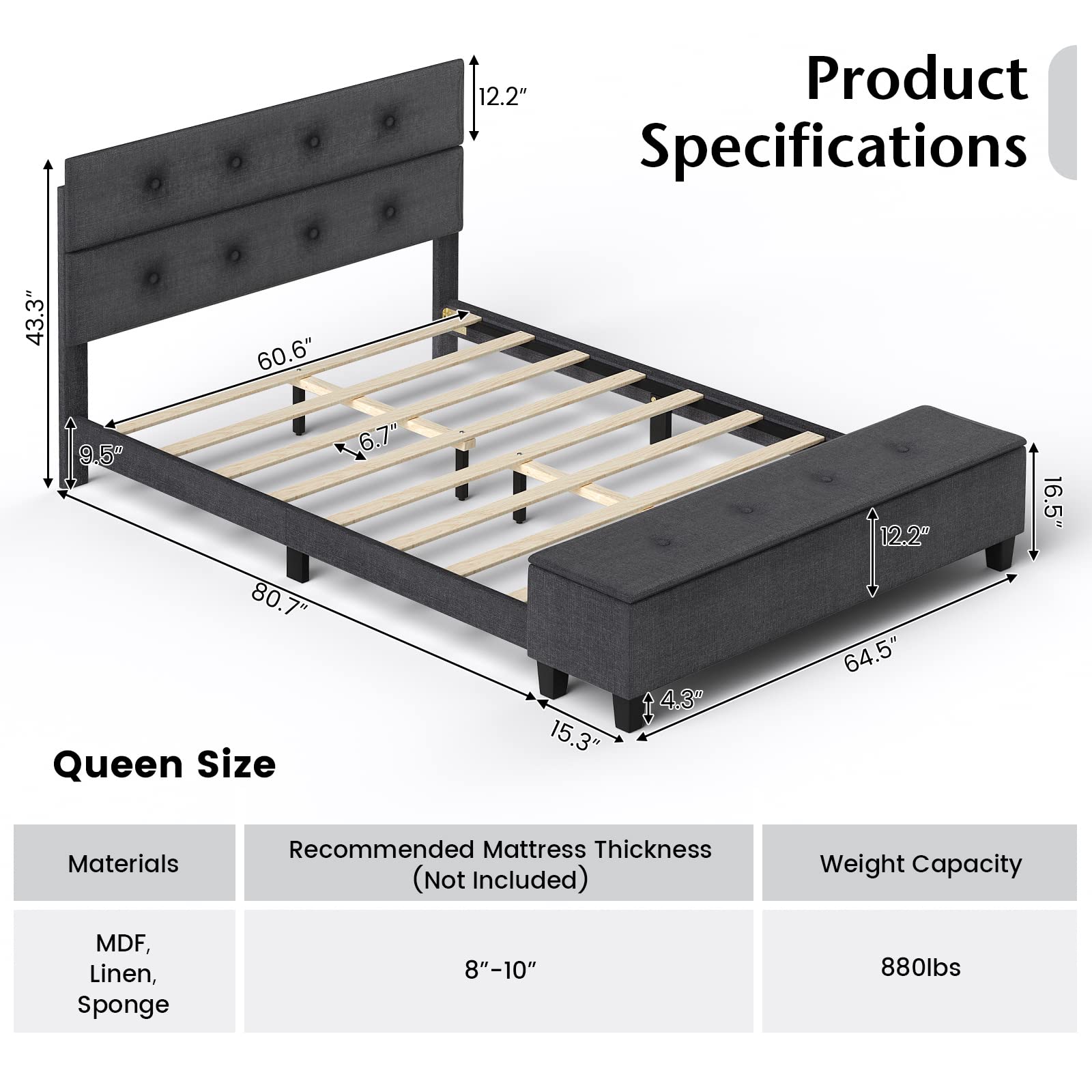 KOMFOTT Full/Queen Size Upholstered Bed Frame with Ottoman Storage