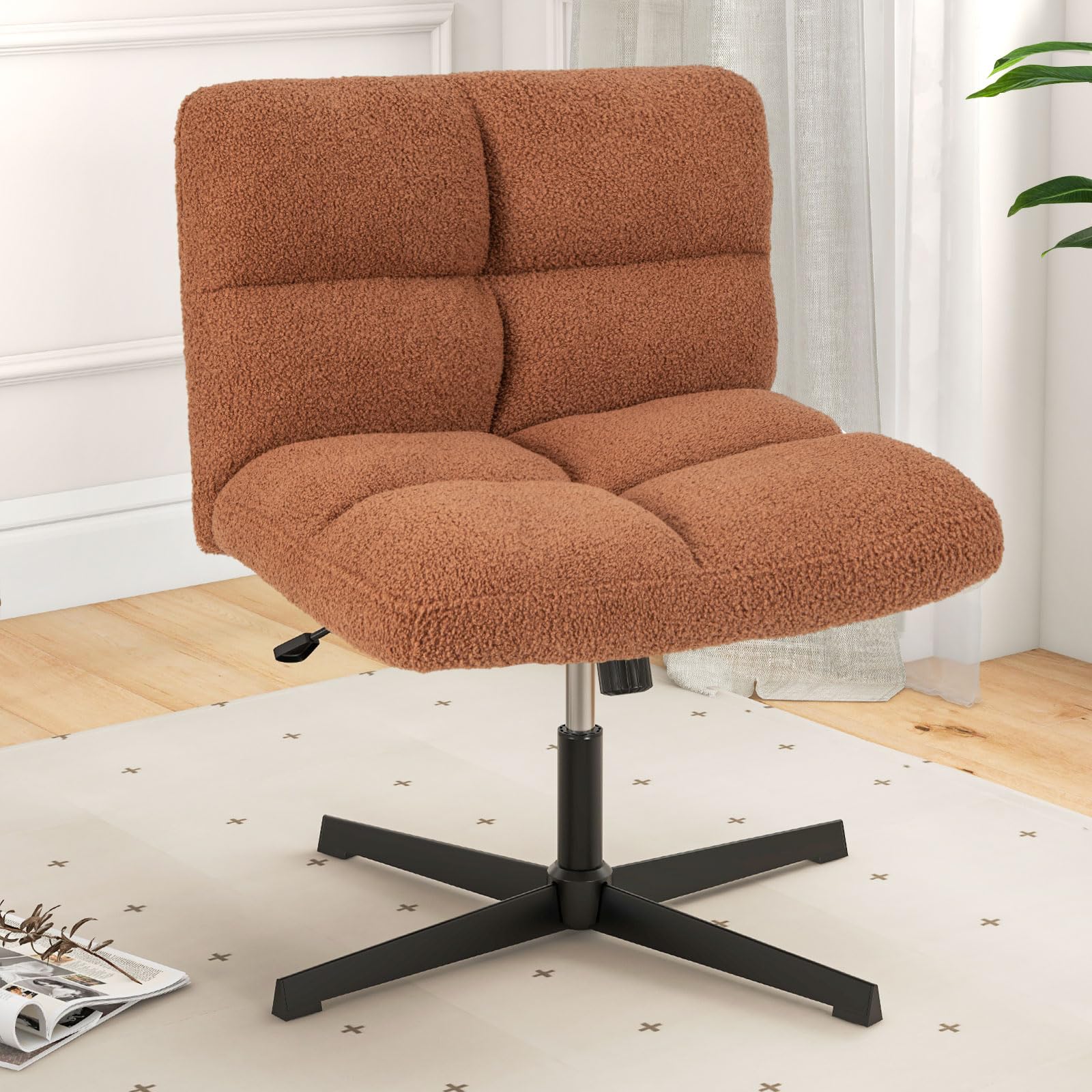 KOMFOTT Criss Cross Chair, Faux Fur Armless Cross Legged Office Desk Chair, Height Adjustable Computer Swivel Task Chair