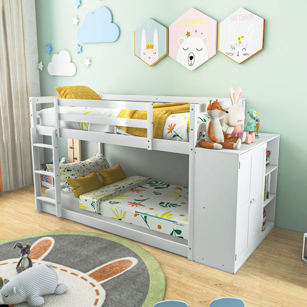 KOMFOTT Twin Over Twin Bunk Bed with Storage Shelves, Solid Wood Bunk Bed Frame with Convertible Bookcase & Ladder