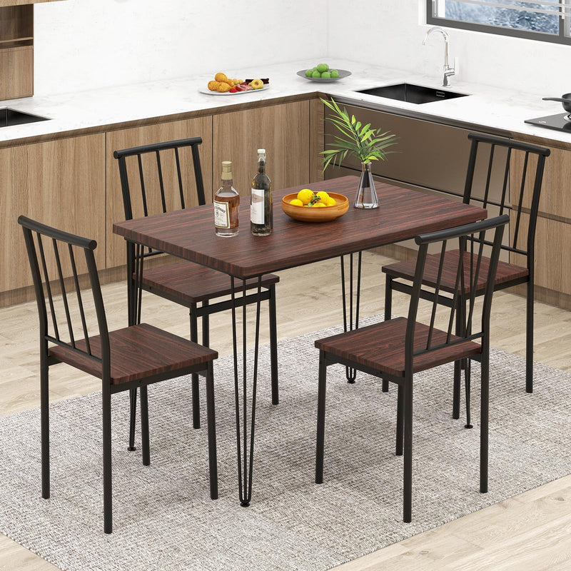 KOMFOTT 5 Piece Dining Table Set, Mid-Century Kitchen Table Set for 4, Wooden Table & 4 Chairs with Metal Frame
