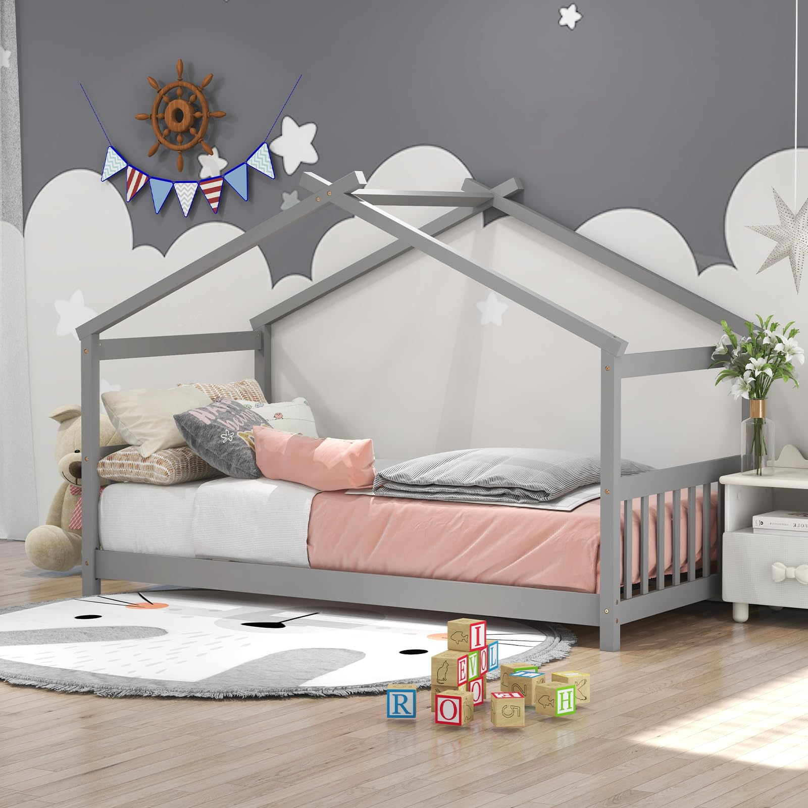 KOMFOTT Twin Wood Kids House Bed with Roof, Headboard and Footboard