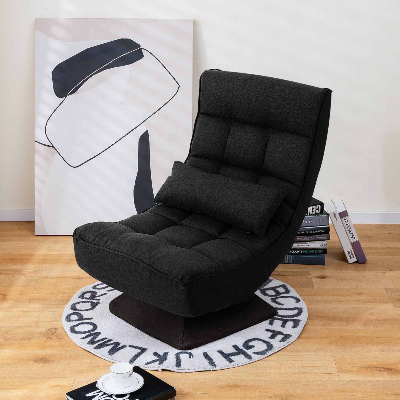 KOMFOTT Adjustable Swivel Floor Chair - 5 Position Video Game Chair with Swivel Base, Steel Frame, Massage Lumbar Pillow