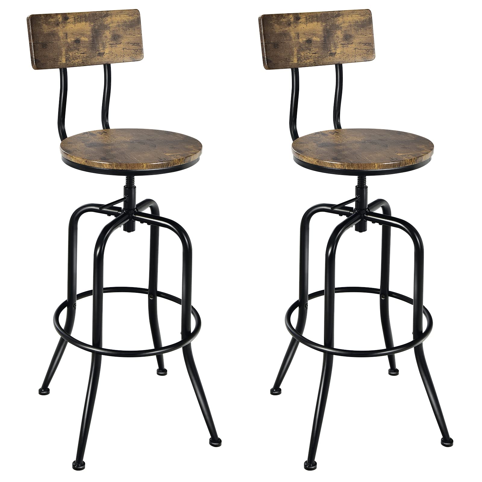 KOMFOTT Bar Stools Set of 2/4, Industrial Counter Height Bar Chairs with Height Adjustable Seat, Arc-shaped Backrest & Footrest