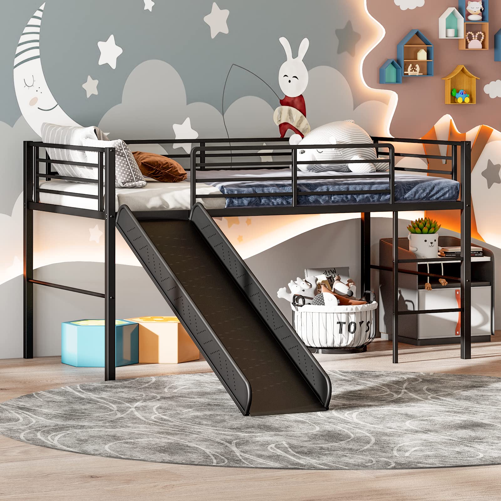 KOMFOTT Twin Metal Low Loft Bed with Slide, Safety Guardrails & Built-in Ladder