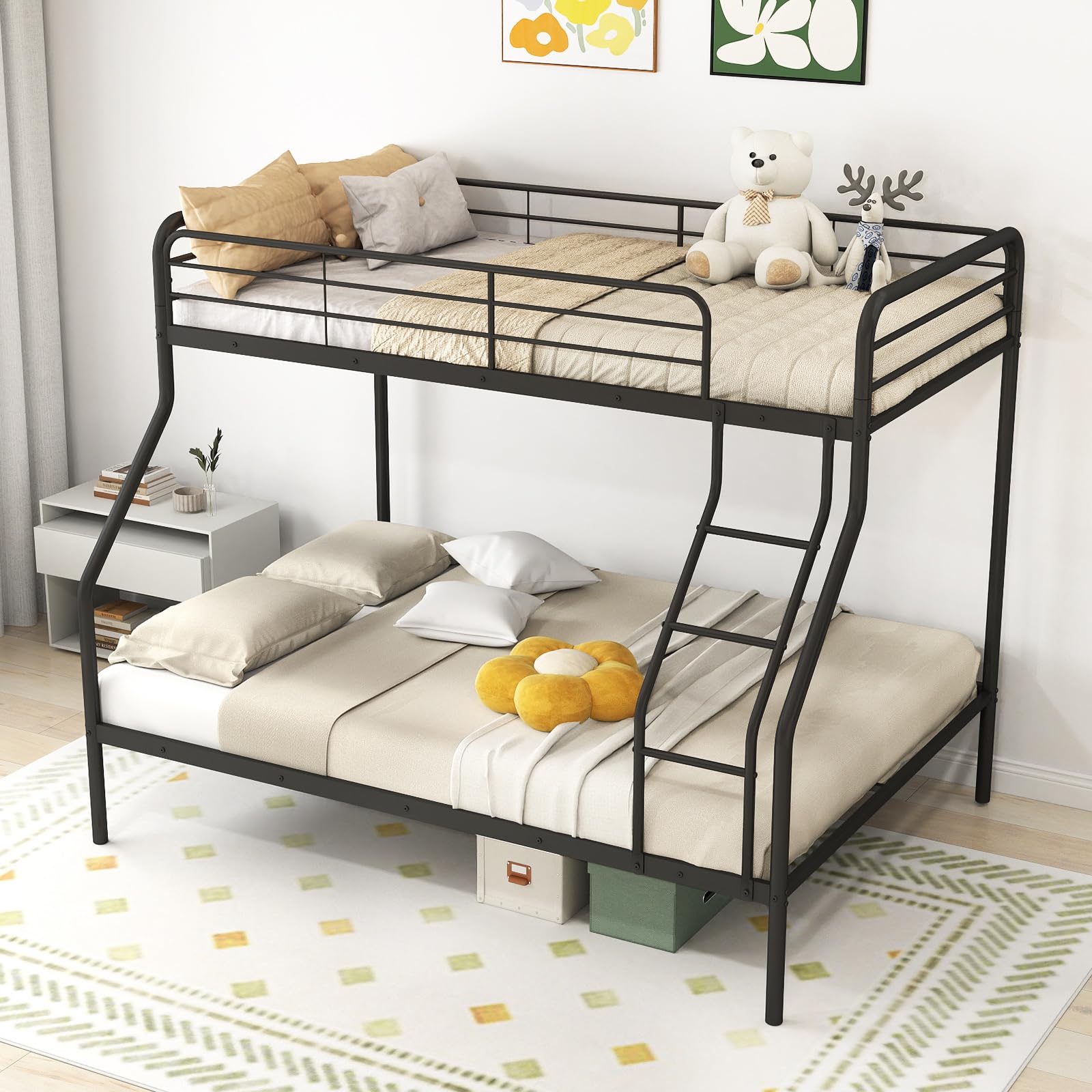 KOMFOTT Twin Over Full Metal Bunk Bed with Inclined Ladder, Safety Guardrail