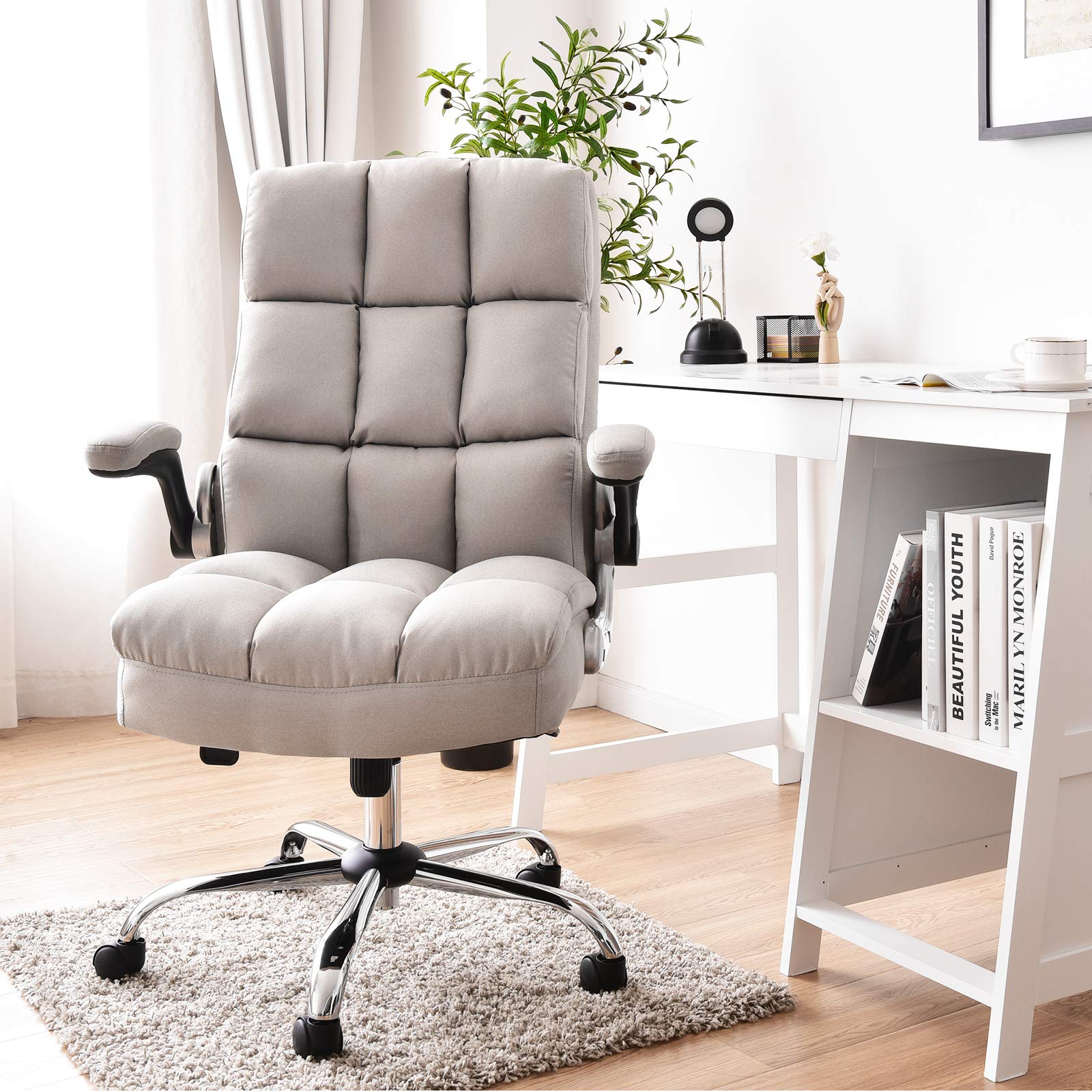 KOMFOTT Executive Office Chair, Adjustable Tilt Angle and Flip-up Armrest Linen Fabric Upholstered Chair with Thick Padding