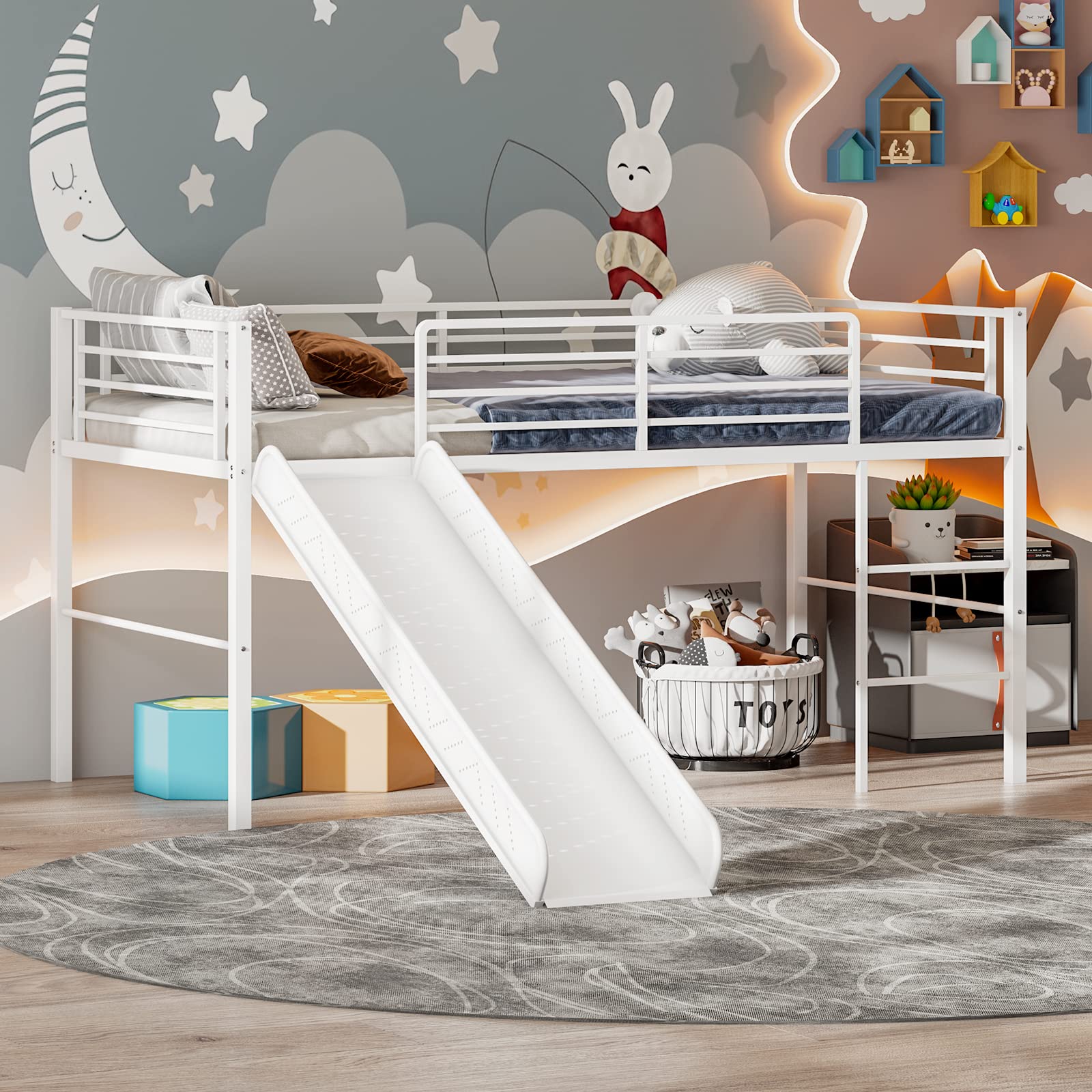 KOMFOTT Twin Metal Low Loft Bed with Slide, Safety Guardrails & Built-in Ladder