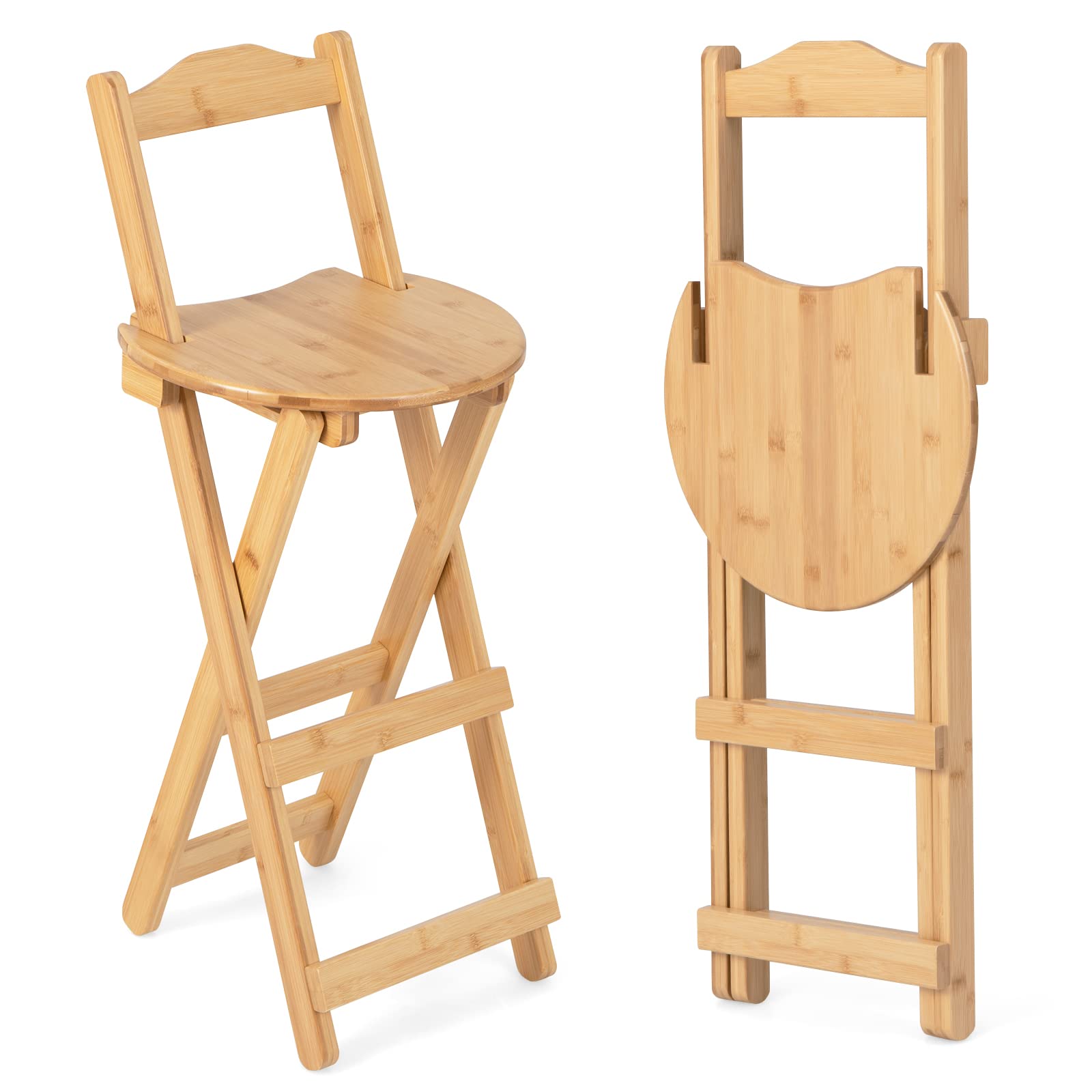 KOMFOTT Folding Bamboo Bar Stools Set of 2/4, 24-inch Kitchen Counter Height Stools with Backrest and Footrest