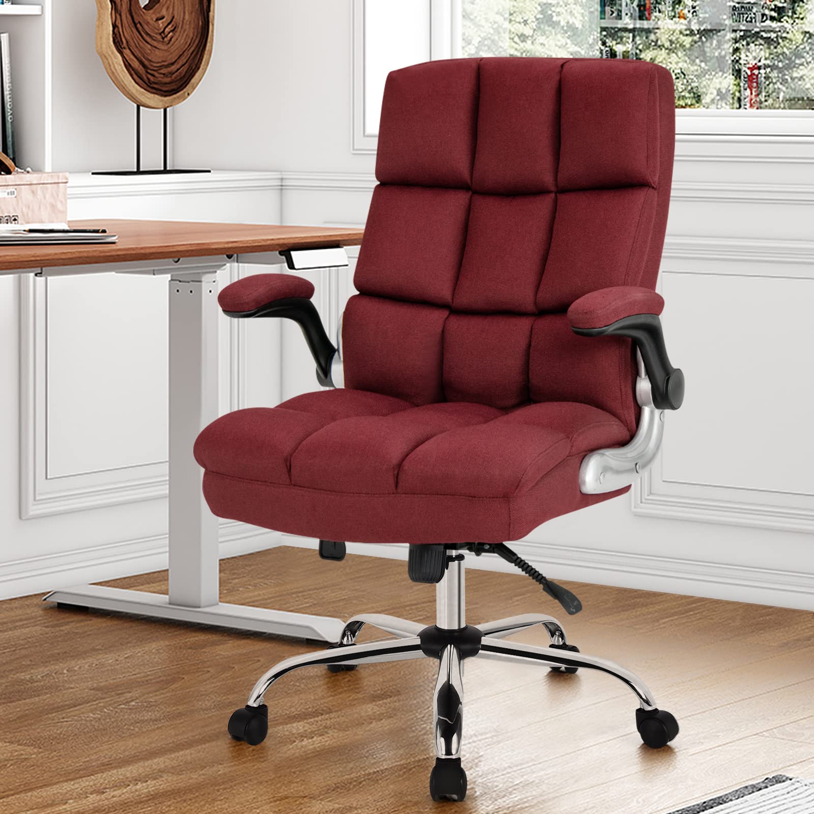 KOMFOTT Executive Office Chair, Adjustable Tilt Angle and Flip-up Armrest Linen Fabric Upholstered Chair with Thick Padding