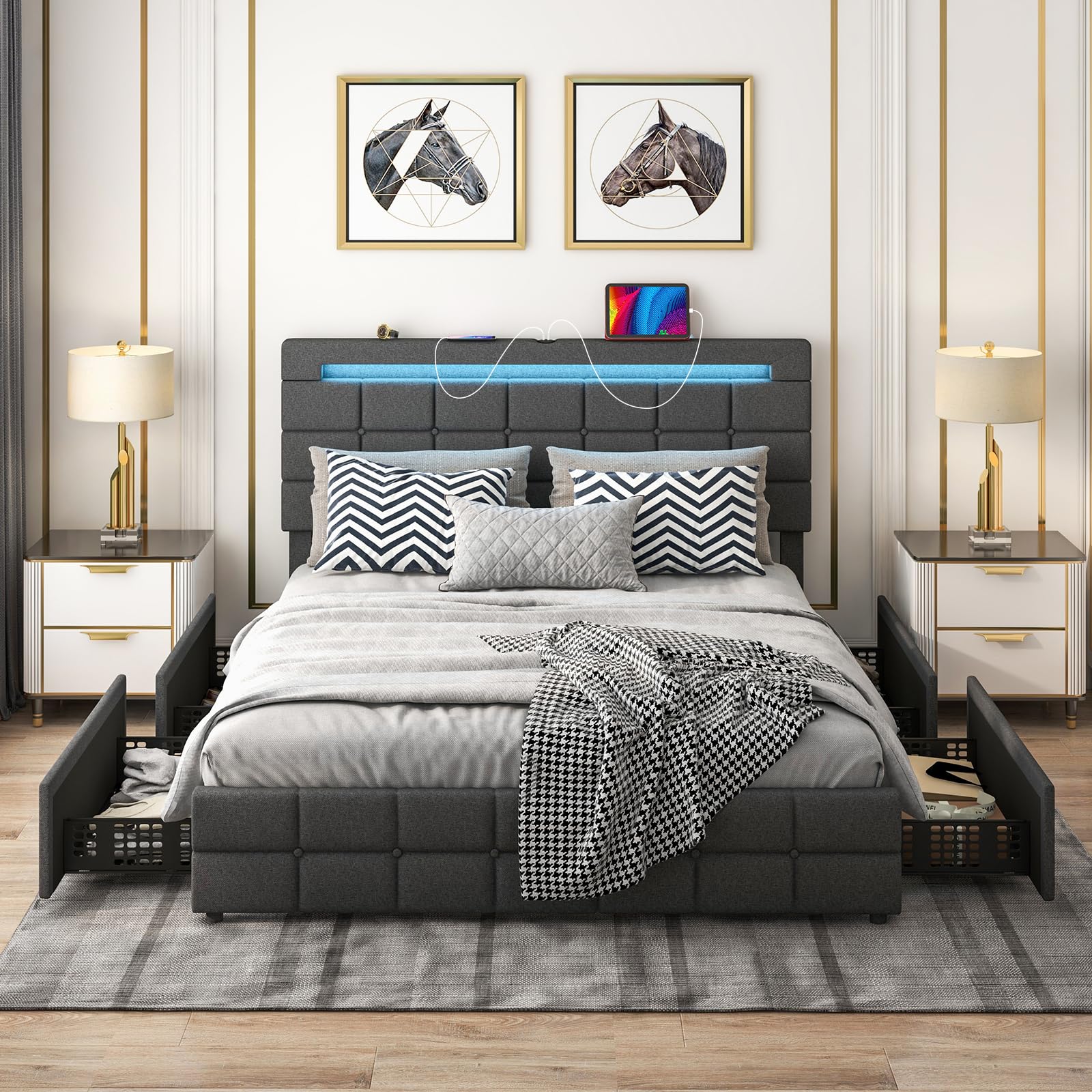 KOMFOTT Upholstered Bed Frame with LED Lights and 4 Drawers, Height Adjustable Headboard with USB Ports