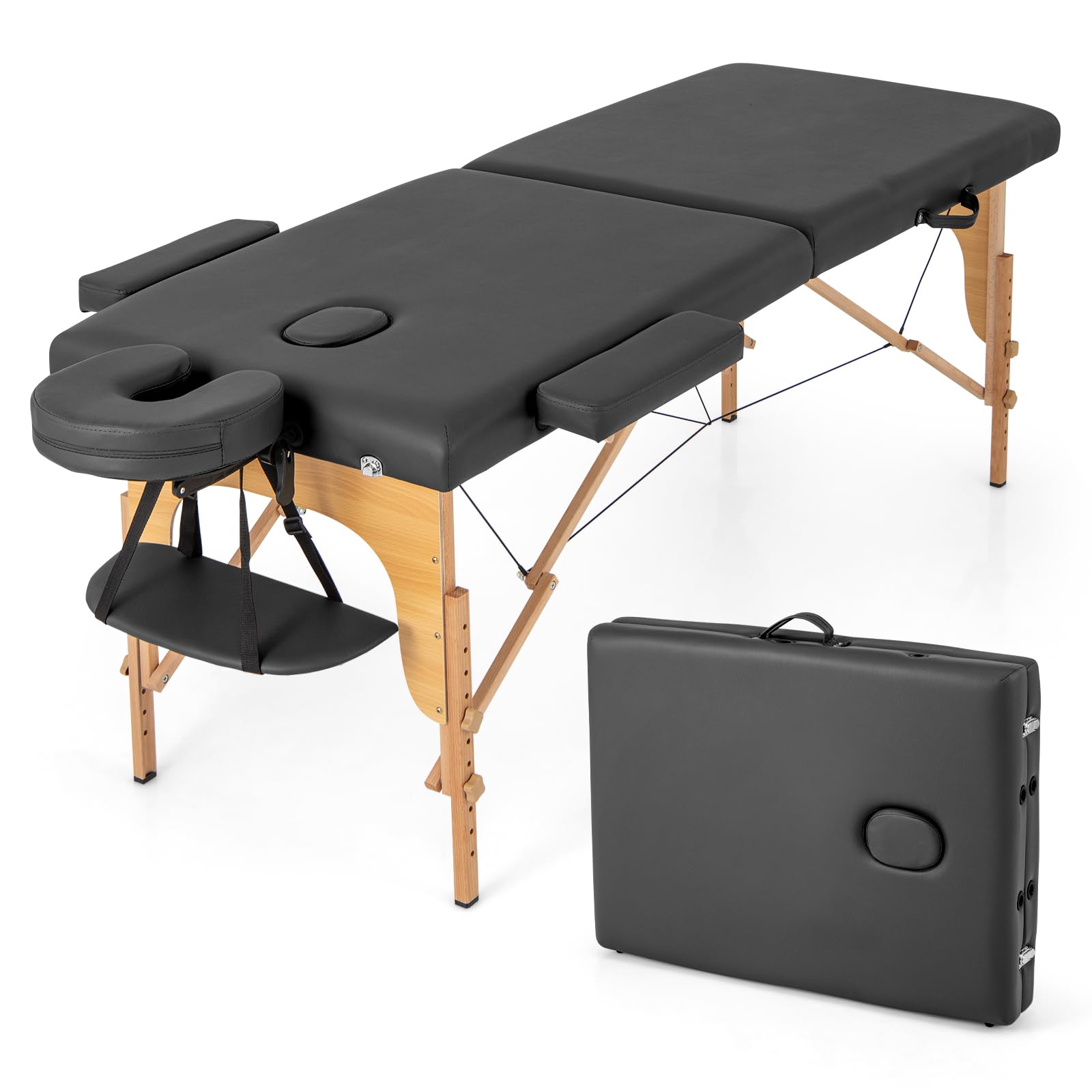 KOMFOTT Portable Massage Bed w/Carrying Case, 2-Section Salon Spa Facial Care Tattoo Bed, Height Adjustable