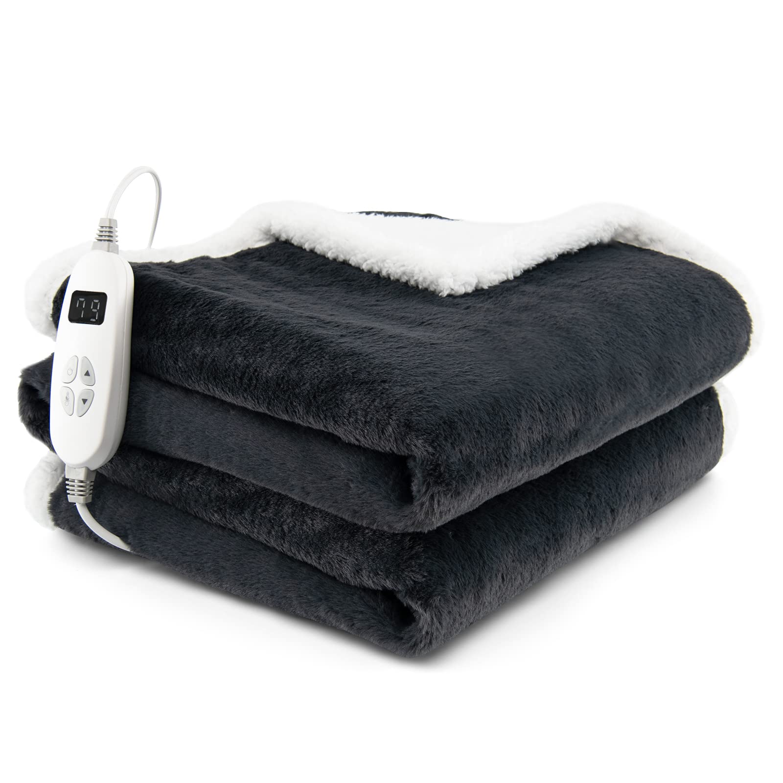 KOMFOTT Heated Throw Blanket, Reversible Sherpa & Faux Rabbit Fur Heating Blanket w/ 10 Heat Levels, 9H Timer Auto Off, Machine Washable Blanket Warmer